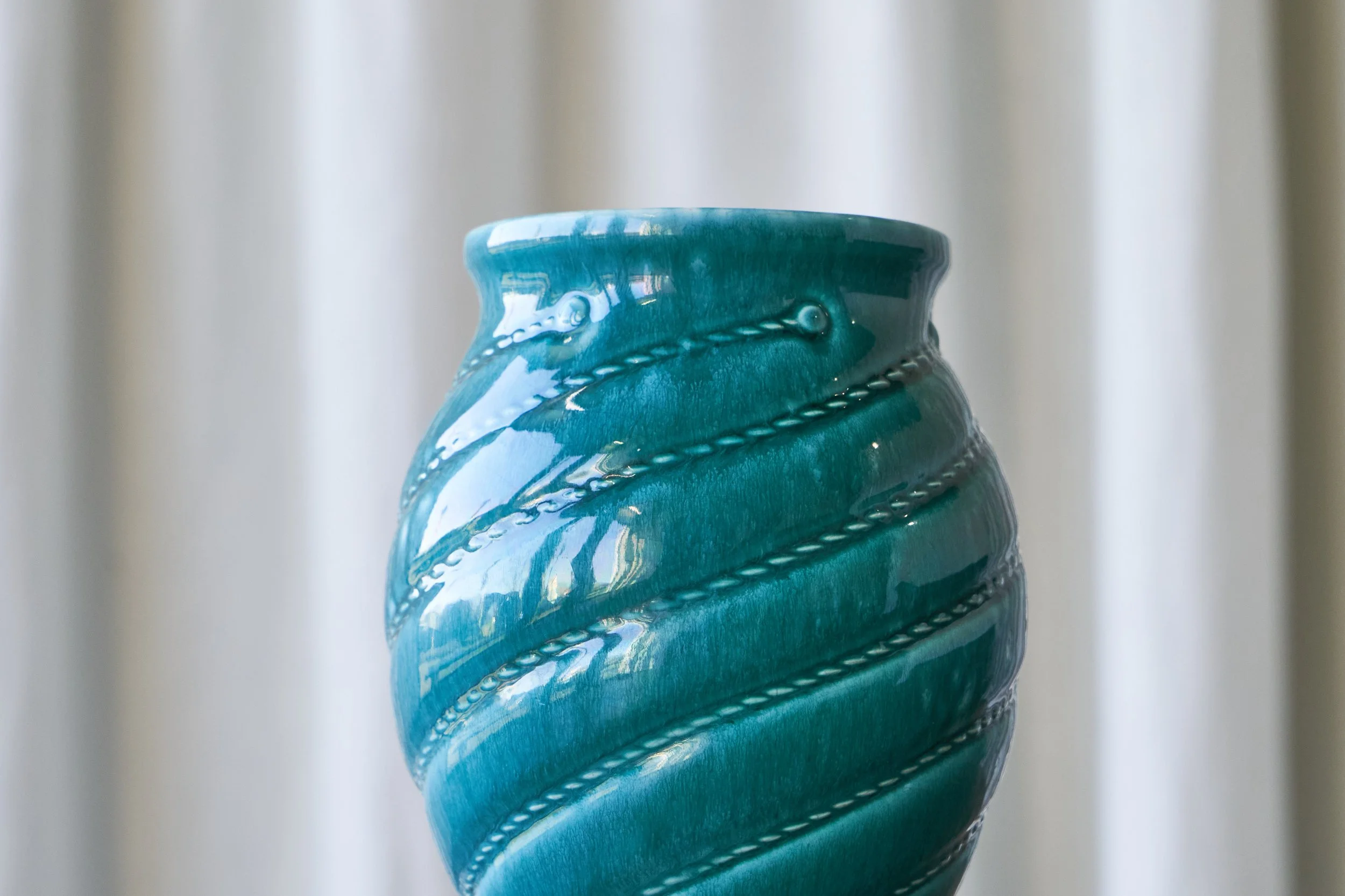 Art Deco Ceramic Vase in Turquoise 1930s front view detail top low