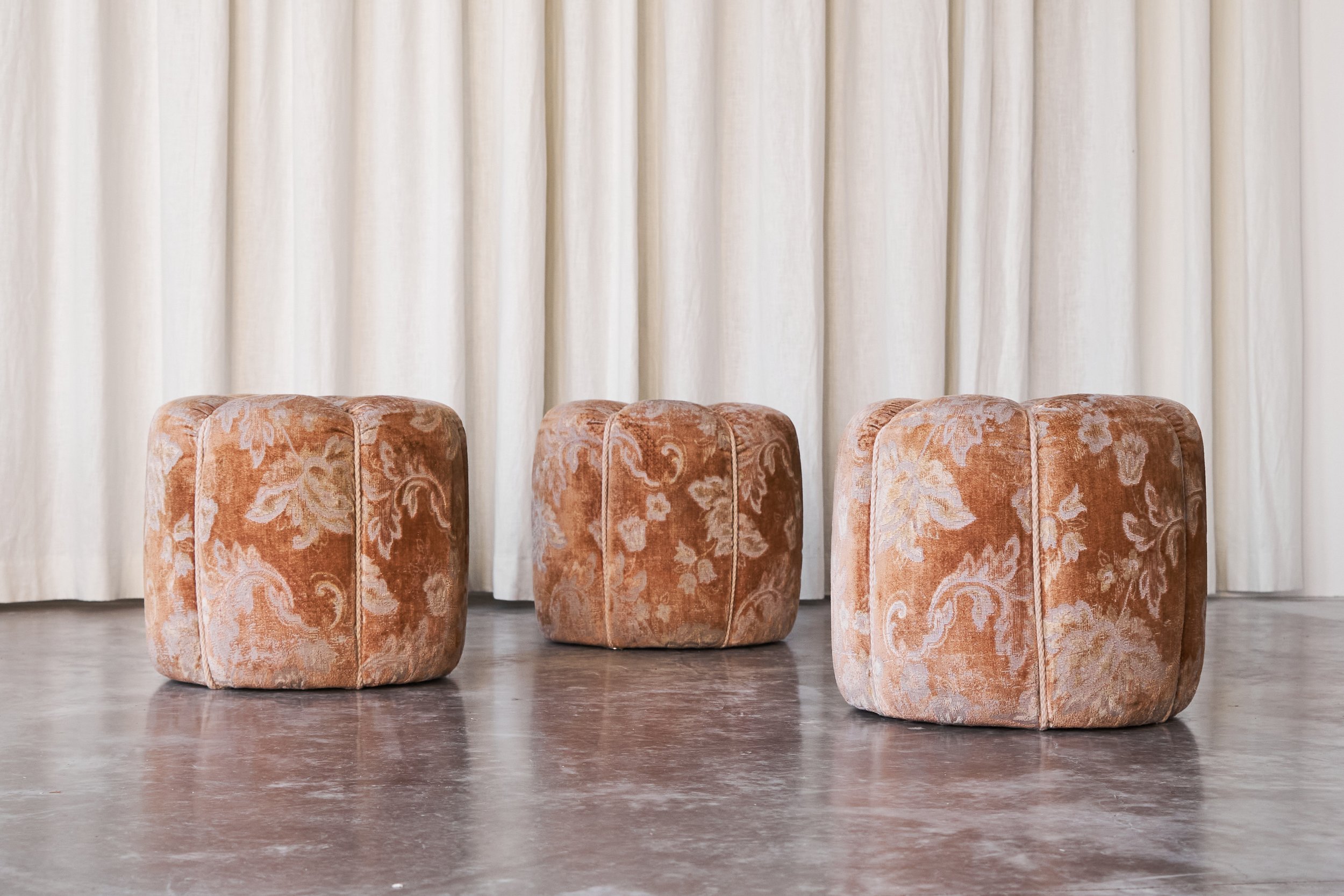Jindrich Halabala Art Deco Poufs in Faded Floral Upholstery - Set of 3 front view total mix low