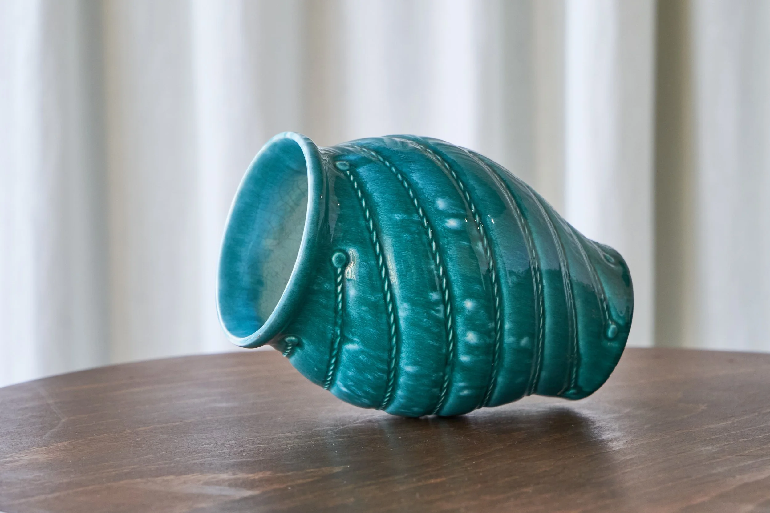 Art Deco Ceramic Vase in Turquoise 1930s side view total on side