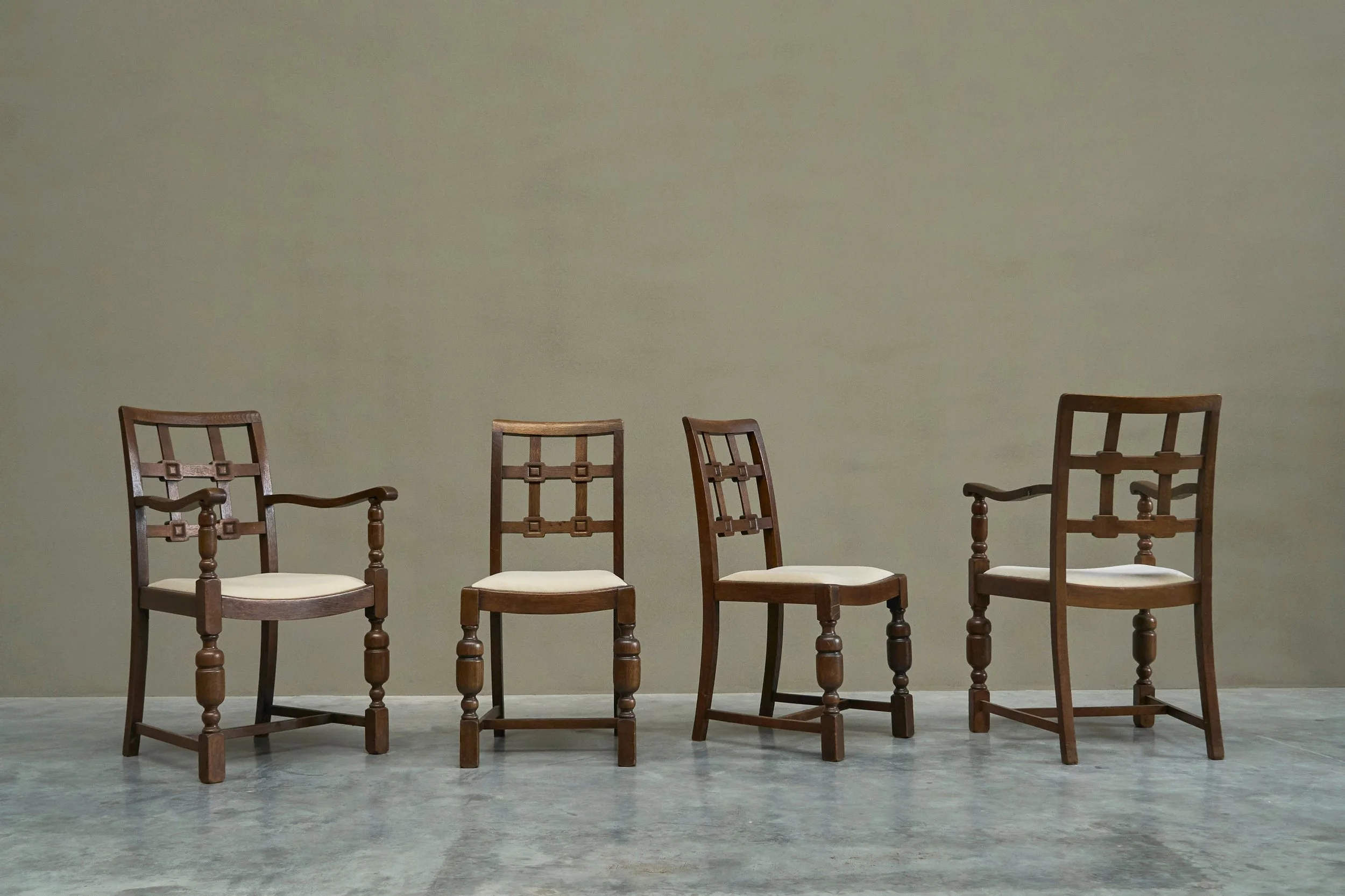 Beautiful Set of 4 French Chairs in Solid Oak and Velvet 1940s