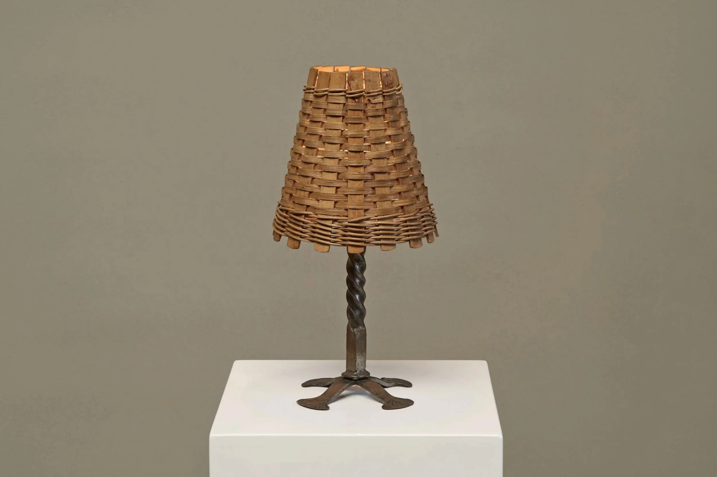 Mid Century Table Lamp in Wrought Iron with Woven Rattan Shade 1960s