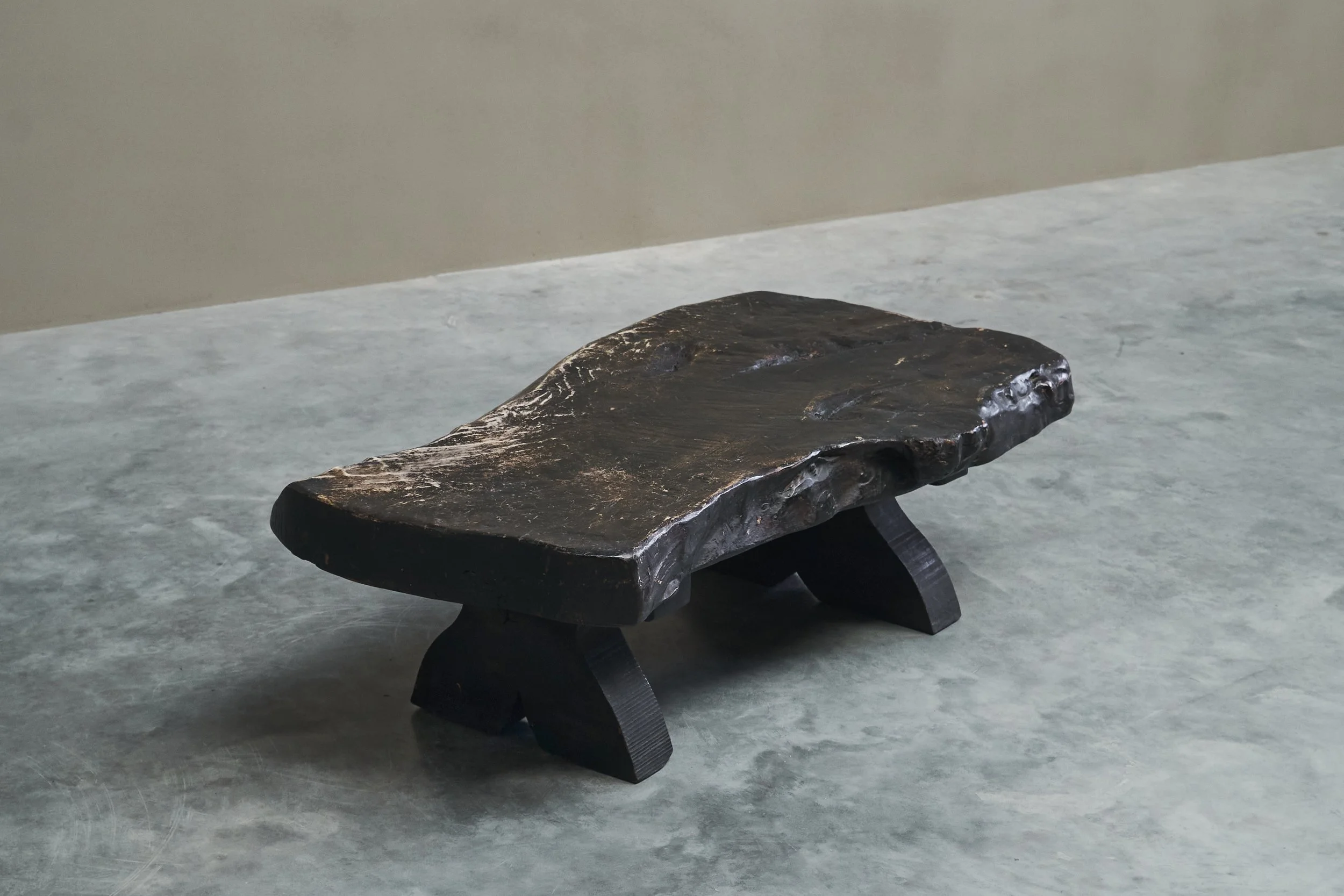 Sculptural Live Edge Coffee Table in Solid Dark Stained Wood Europe 1960s