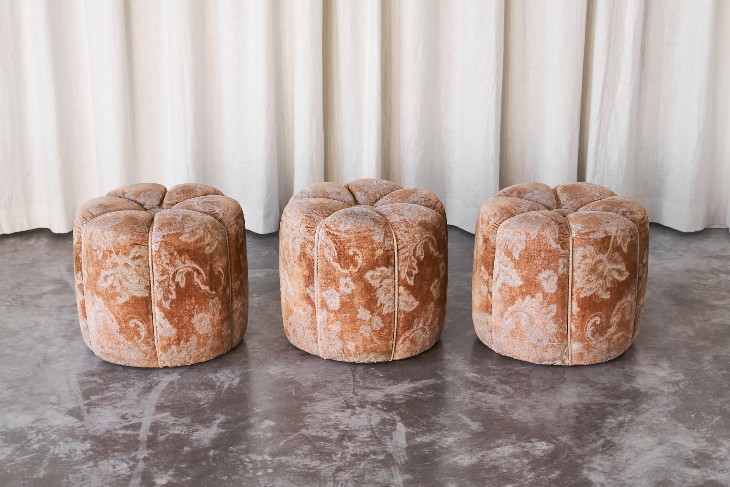 Jindrich Halabala Art Deco Poufs in Faded Floral Upholstery - Set of 3 front view total row mid