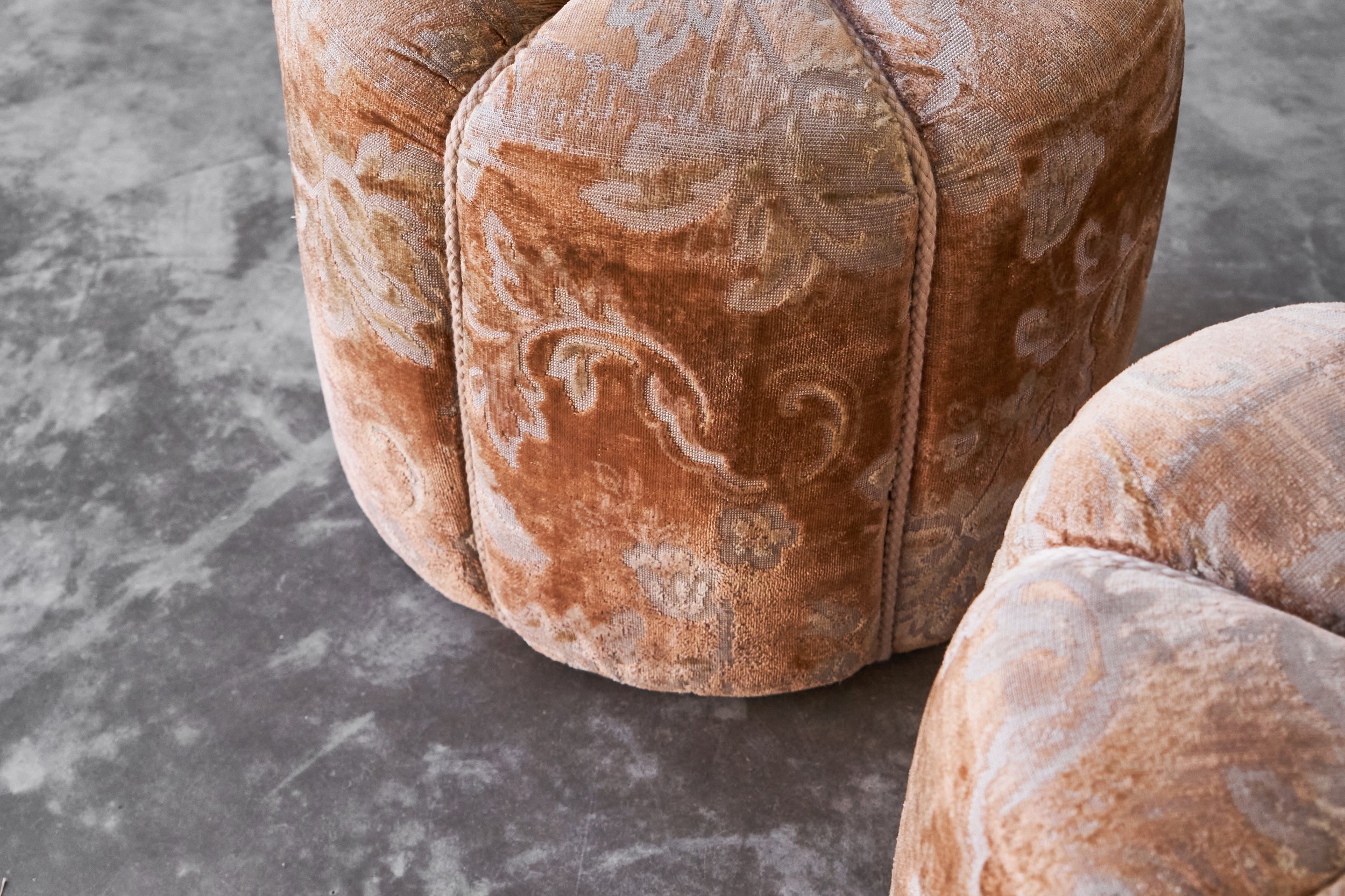 Jindrich Halabala Art Deco Poufs in Faded Floral Upholstery - Set of 3 front view detail top and side