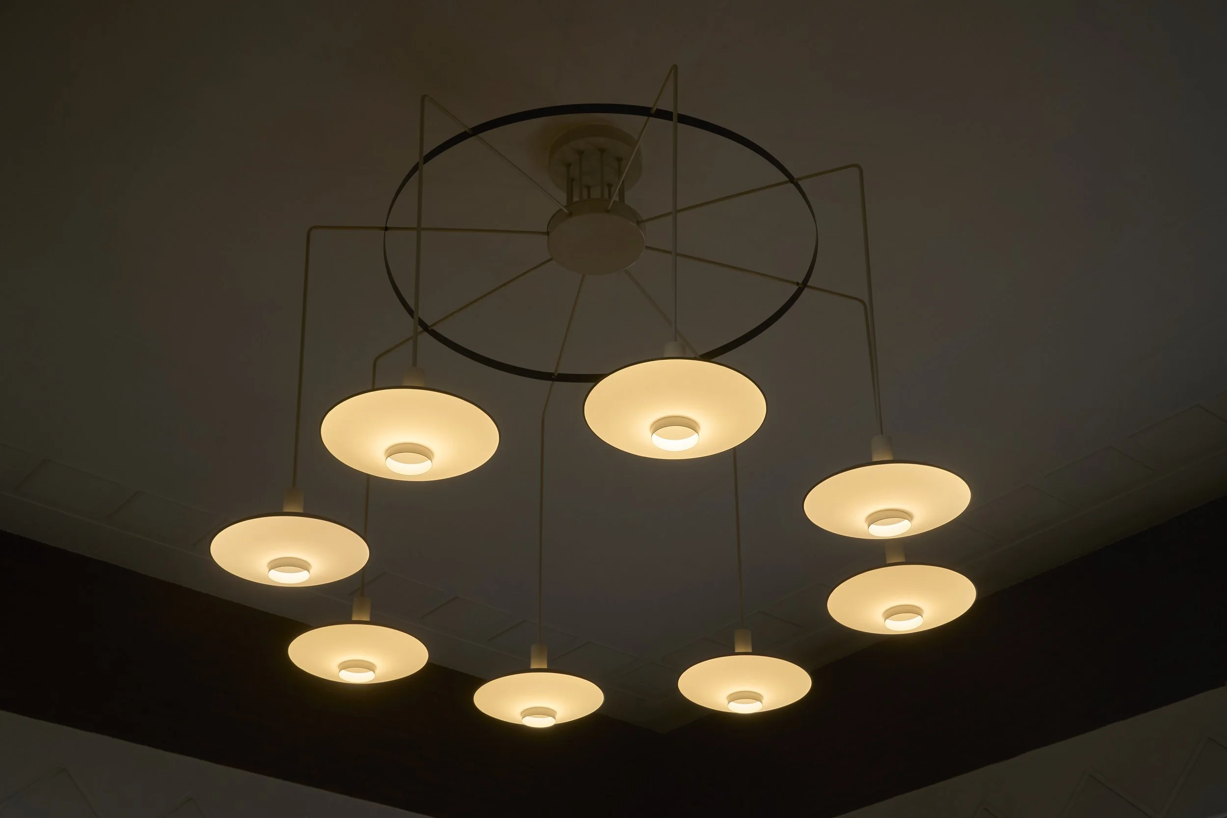 Monumental Chandelier (85 inch in width) in Lacquered Metal and Opaline Glass The Netherlands 1960