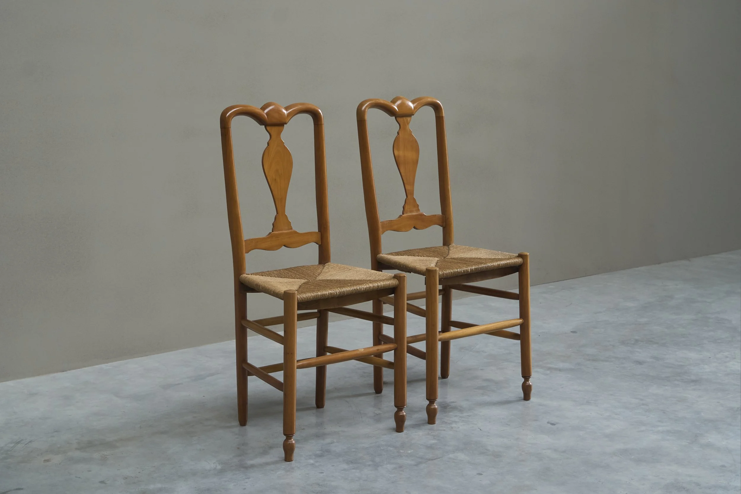 Pair of Sculptural Traditional Vernacular Chairs in Beech and Rush 1950s