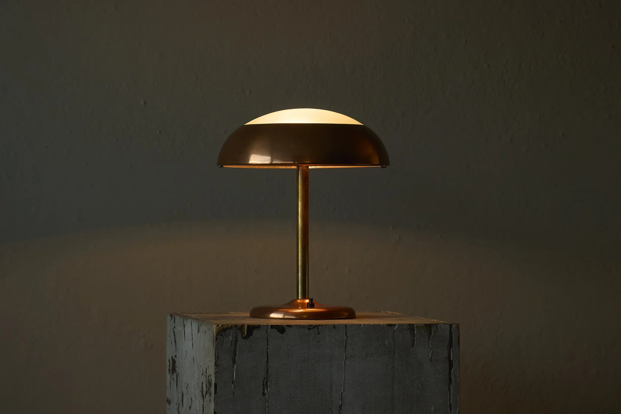 Art Deco Table Lamp in Patinated Copper, Brass and Satin Glass 1950s
