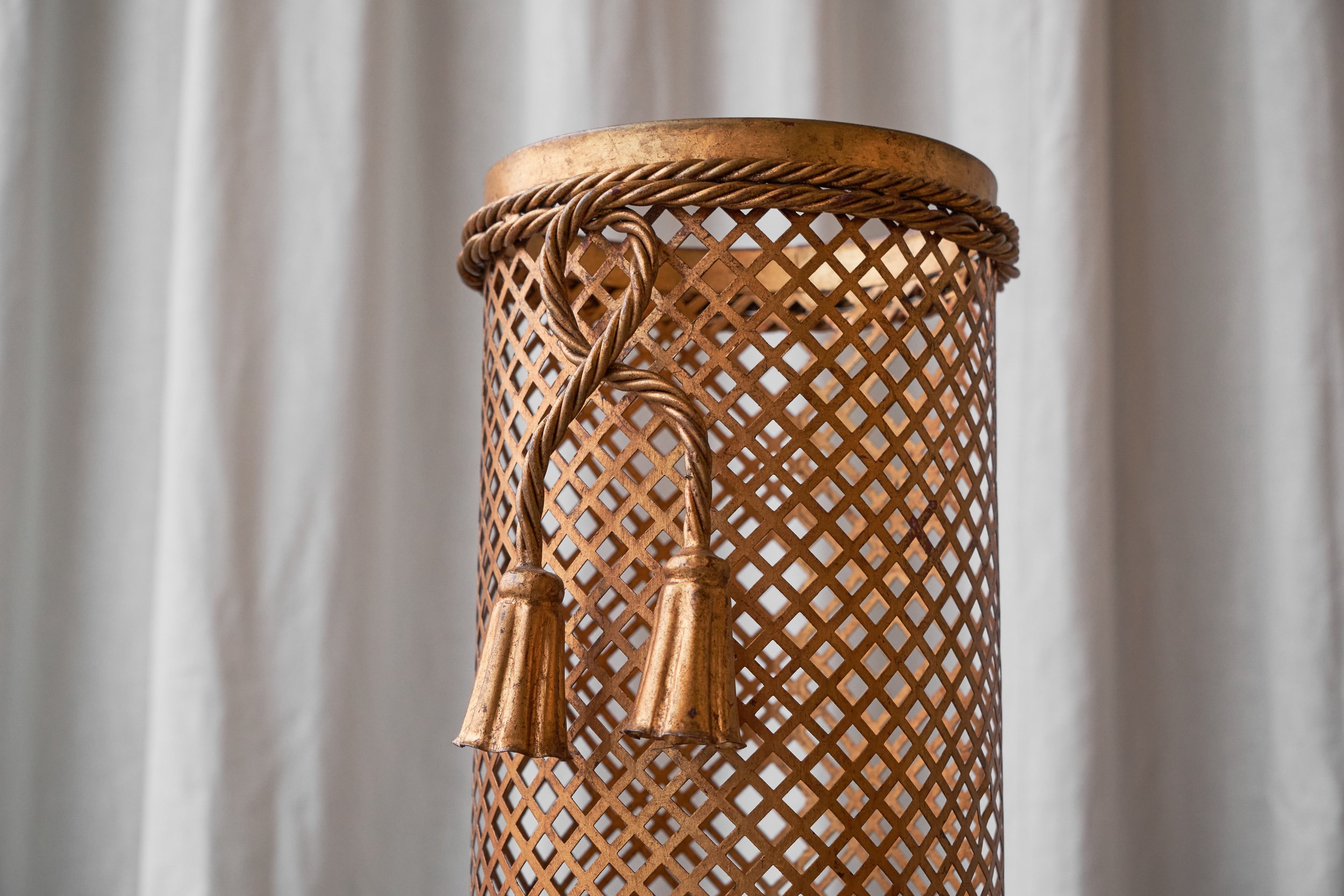 Mid Century French 'Trompe-l'oeil' Umbrella Stand in Gold Painted Metal 1960s detail top low