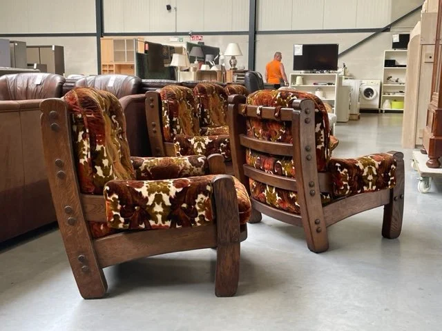 Lounge Chairs Oak Brutalist 1970s 5 + ottoman