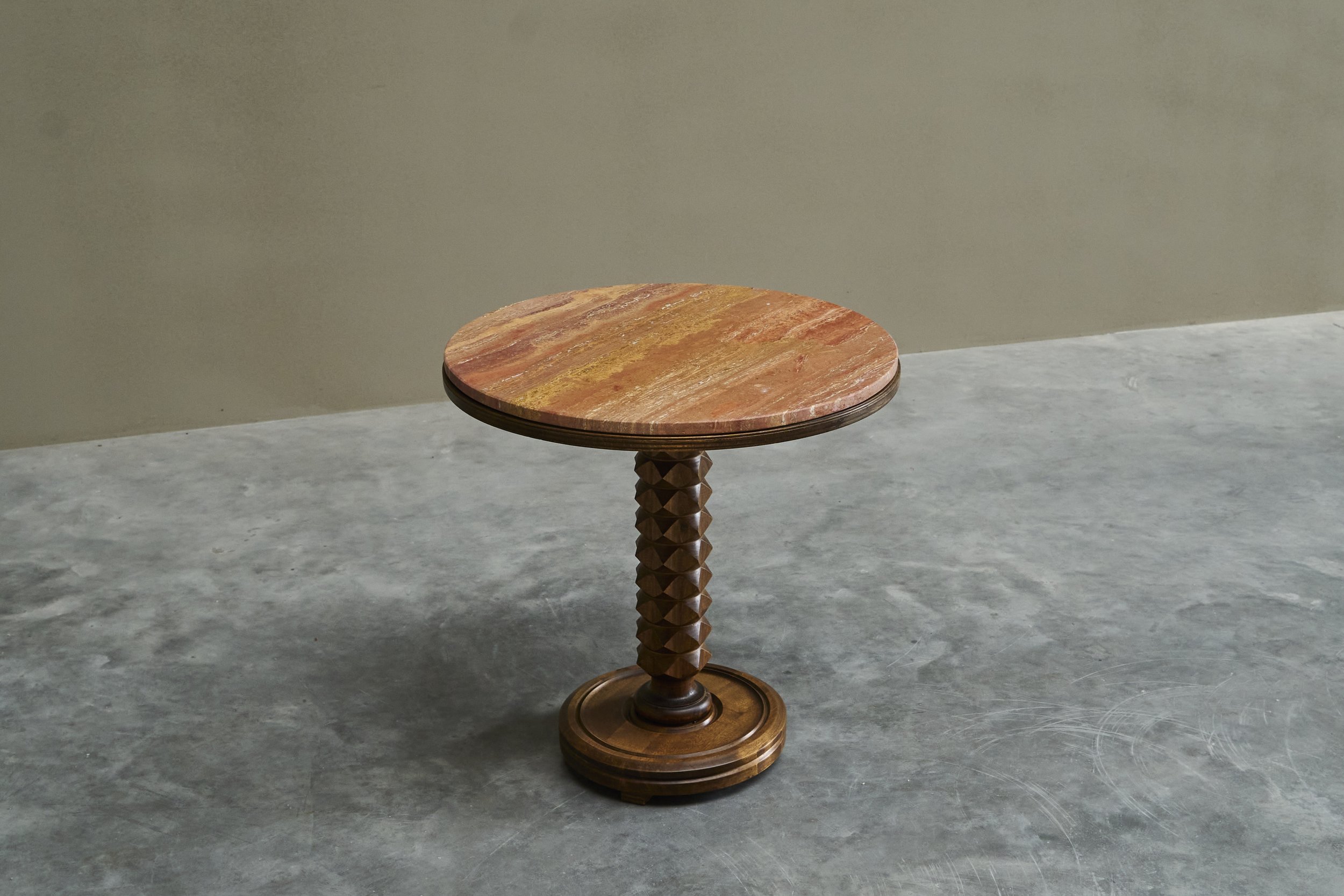 Charles Dudouyt Style Pedestal Side Table in Wood and Red Travertine 1930s