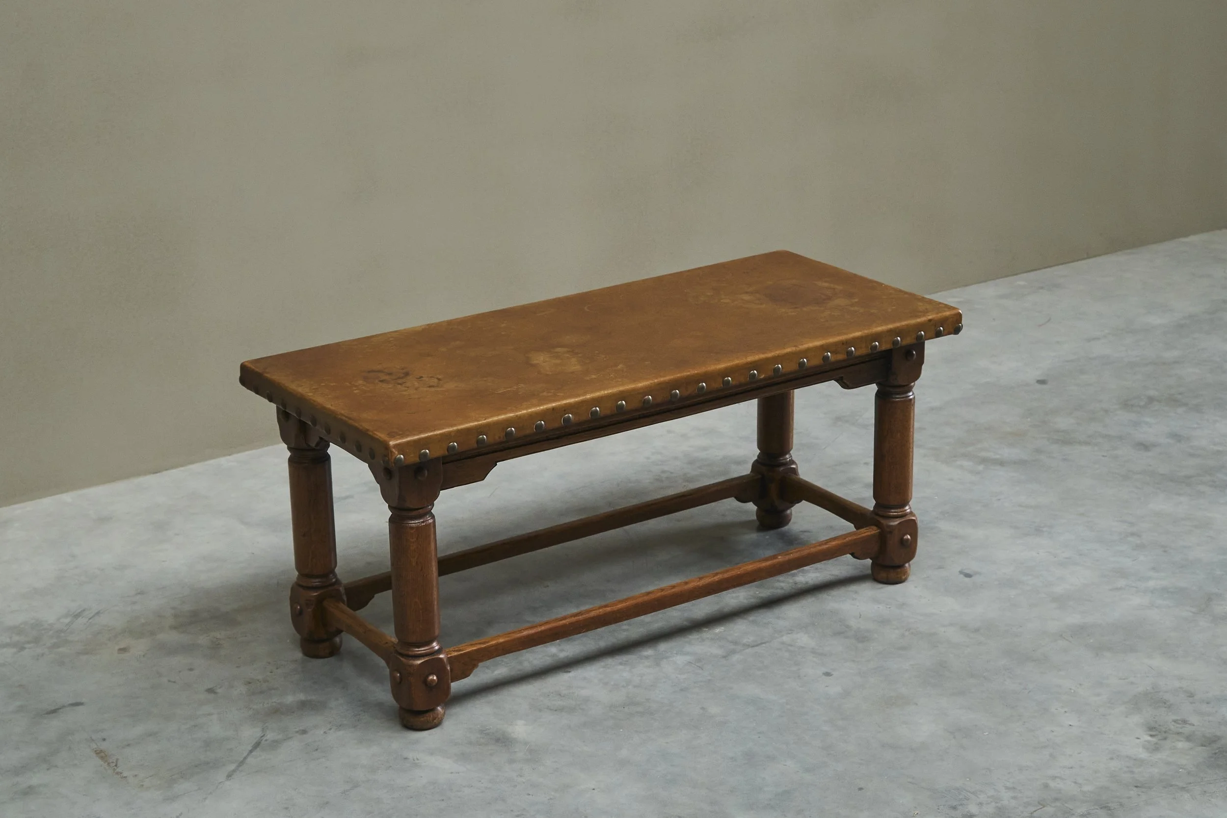 Wonderful Coffee Table in Solid Oak with Patinated Cognac Leather Top 1950s
