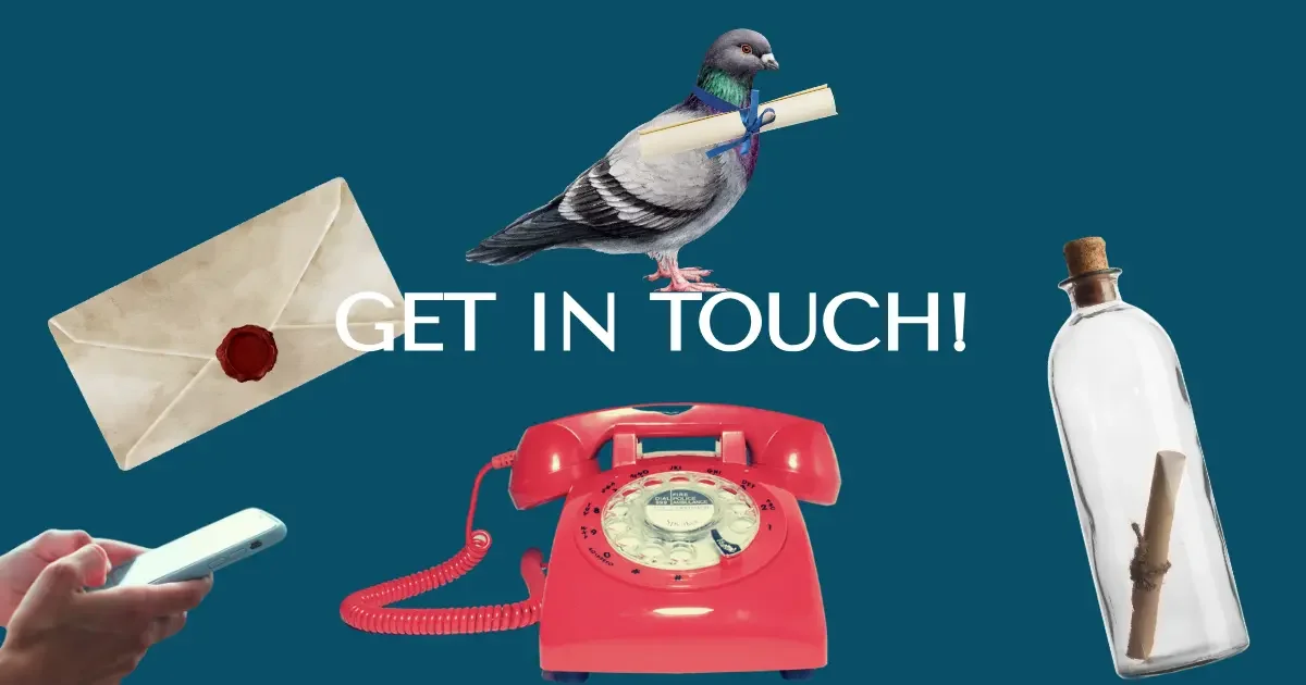 Dark teal blue background with various cut-out images - a coral-coloured dial phone, a message in a bottle, a letter, a carrier pigeon and hands typing on a mobile phone.
