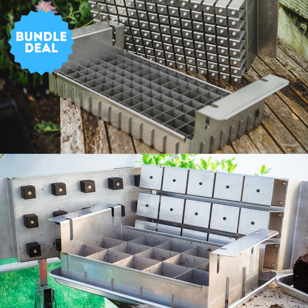 112 Soil Blocker + 15 Blocker & Potting On Plate Bundle