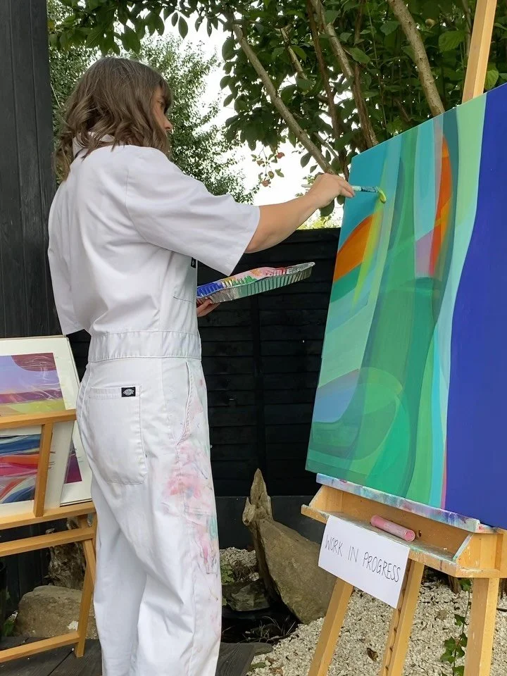 This acrylic painting, ‘When it rains, look for rainbows’, is ready to find a new home! 
Painted outside in the garden during @npopenstudios and full of colour, shape and movement.
My online shop is closing for two weeks soon so head to