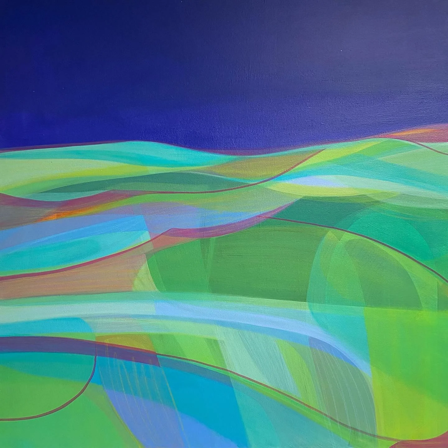 ‘When it rains, look for rainbows’
Acrylic on canvas 80cm x 80cm
This joyful burst of colour was inspired by the sunshine, showers and the amazing double rainbows we’ve been lucky enough to catch lately. Nature really knows how to