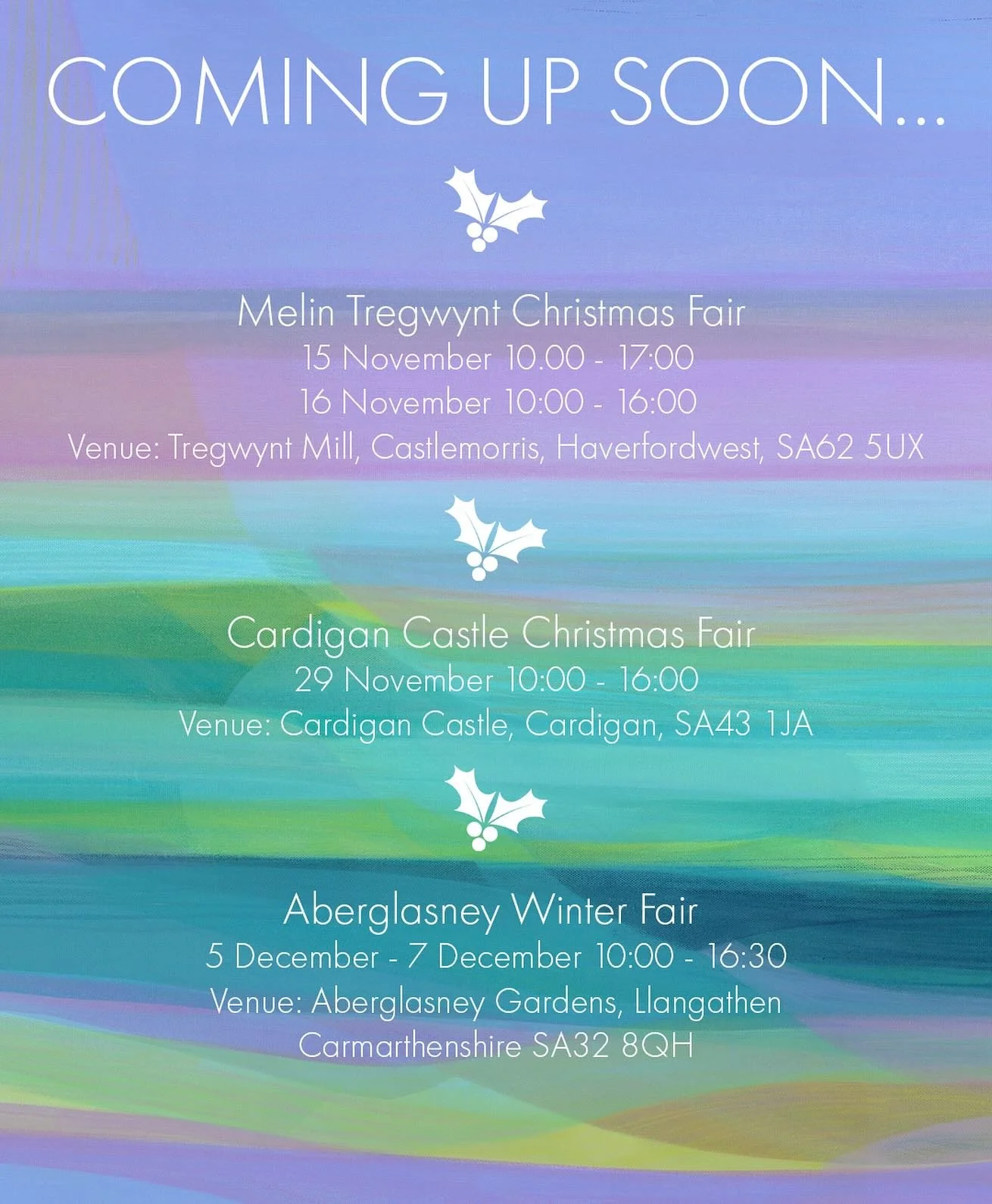 This festive season is all about colour, creativity and connection.
You’ll find me at a few Christmas markets sharing my work among inspiring makers and kind faces. If you’re passing by, come say hello.
Let’s celebrate thoughtful