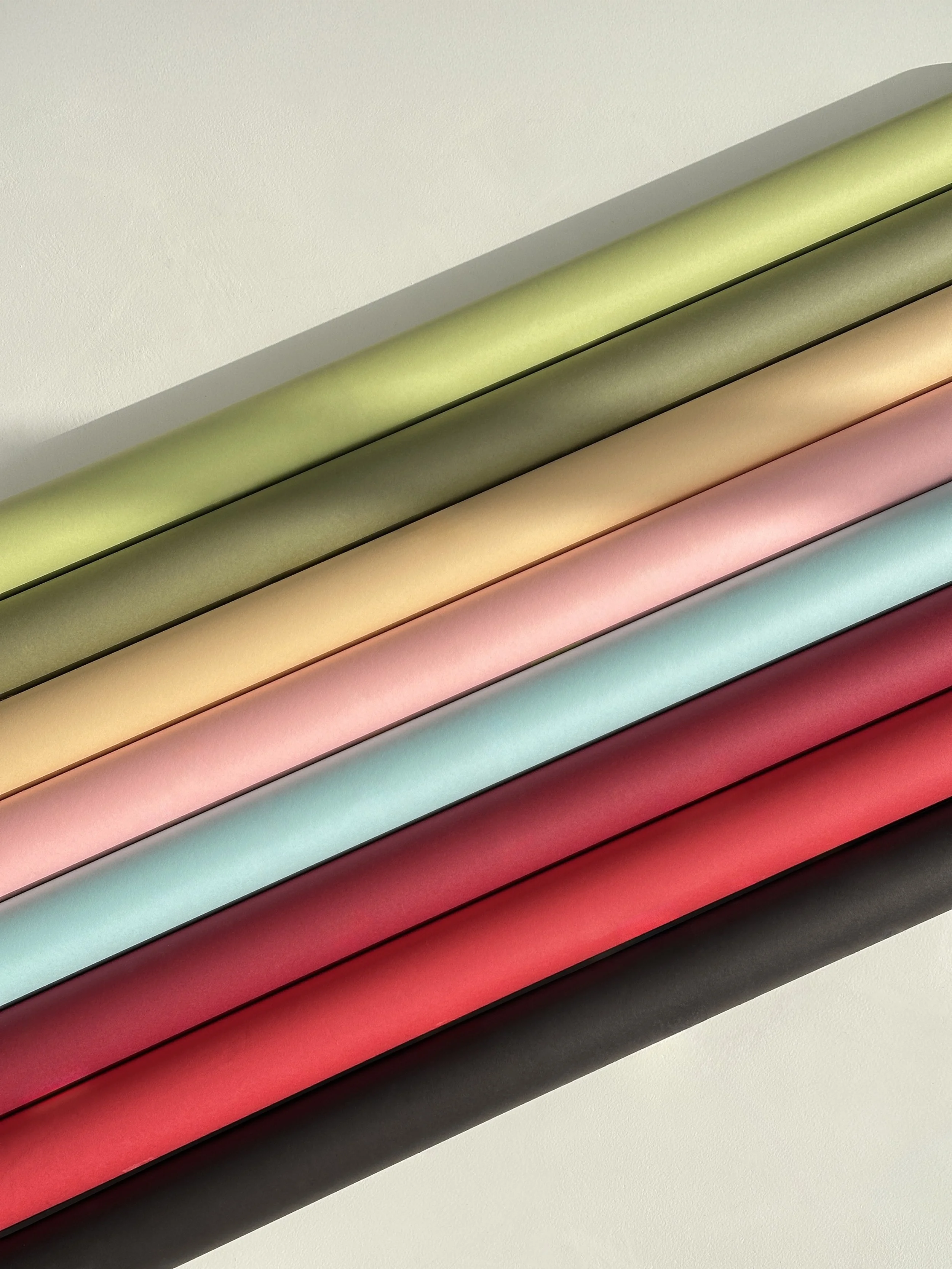 Farbige Papierrollen auf einer weißen Oberfläche, beleuchtet von Sonnenstrahlen. Farben: Schwarz, Rot, Rosa, Hellblau, Grün.