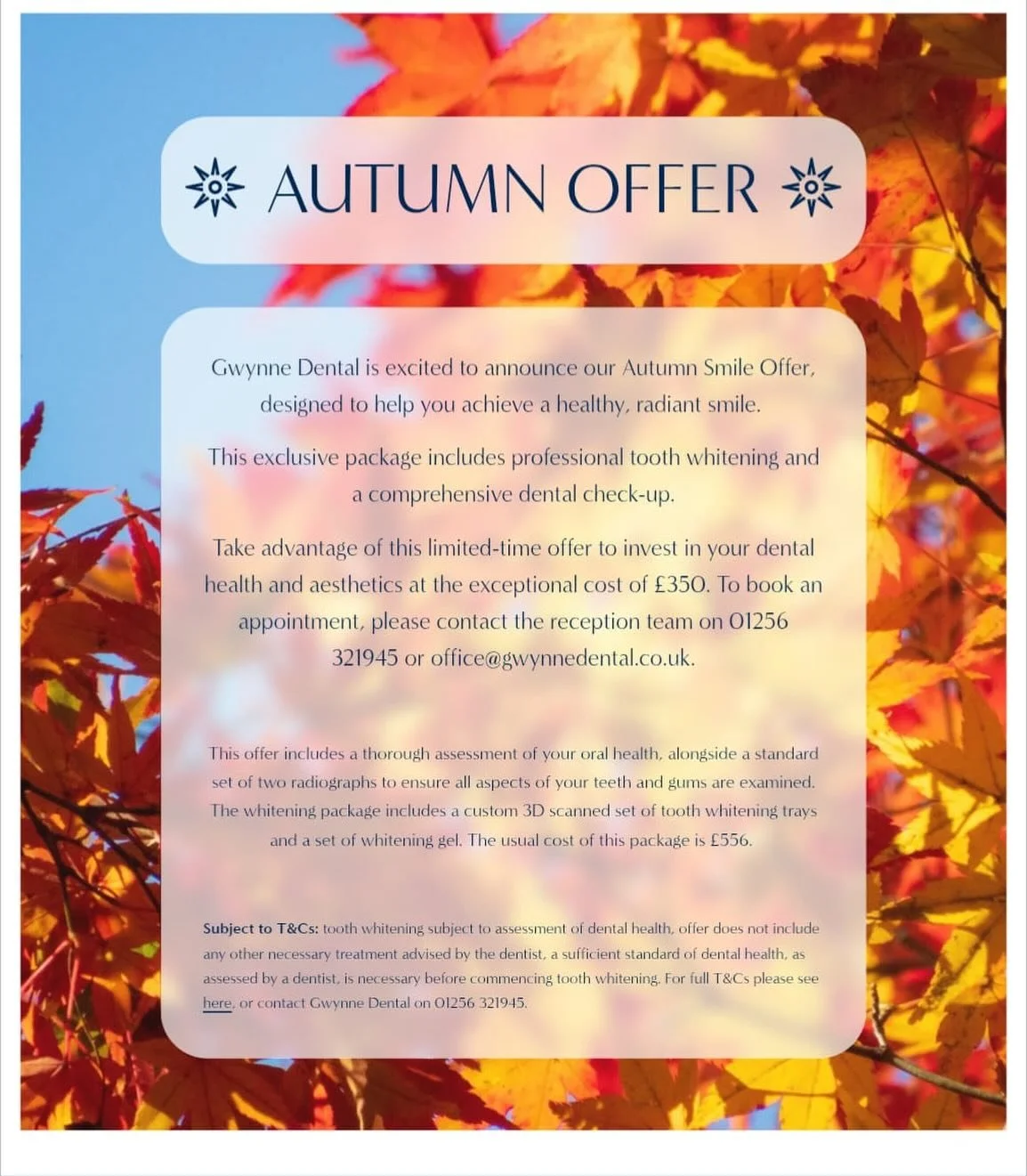 To make use of our limited time autumn offer, reach out to Gwynne Dental today 😁 

#dentist #offer #healthysmiles #dental #dentistry #teethwhitening #teethwhiteningspecialist #teethwhiteningoffer #teethcleaning #takecareofyourteeth