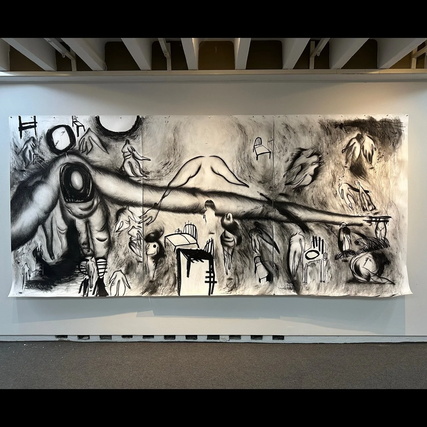 The Uprising Women, 2025, is inspired by the female members of my family and how these women are rising from the beds of the nightmare of violence into the softness and tenderness of light, freedom, and balance. 🫠 4, 50 m x 2, m / charcoal, graphite