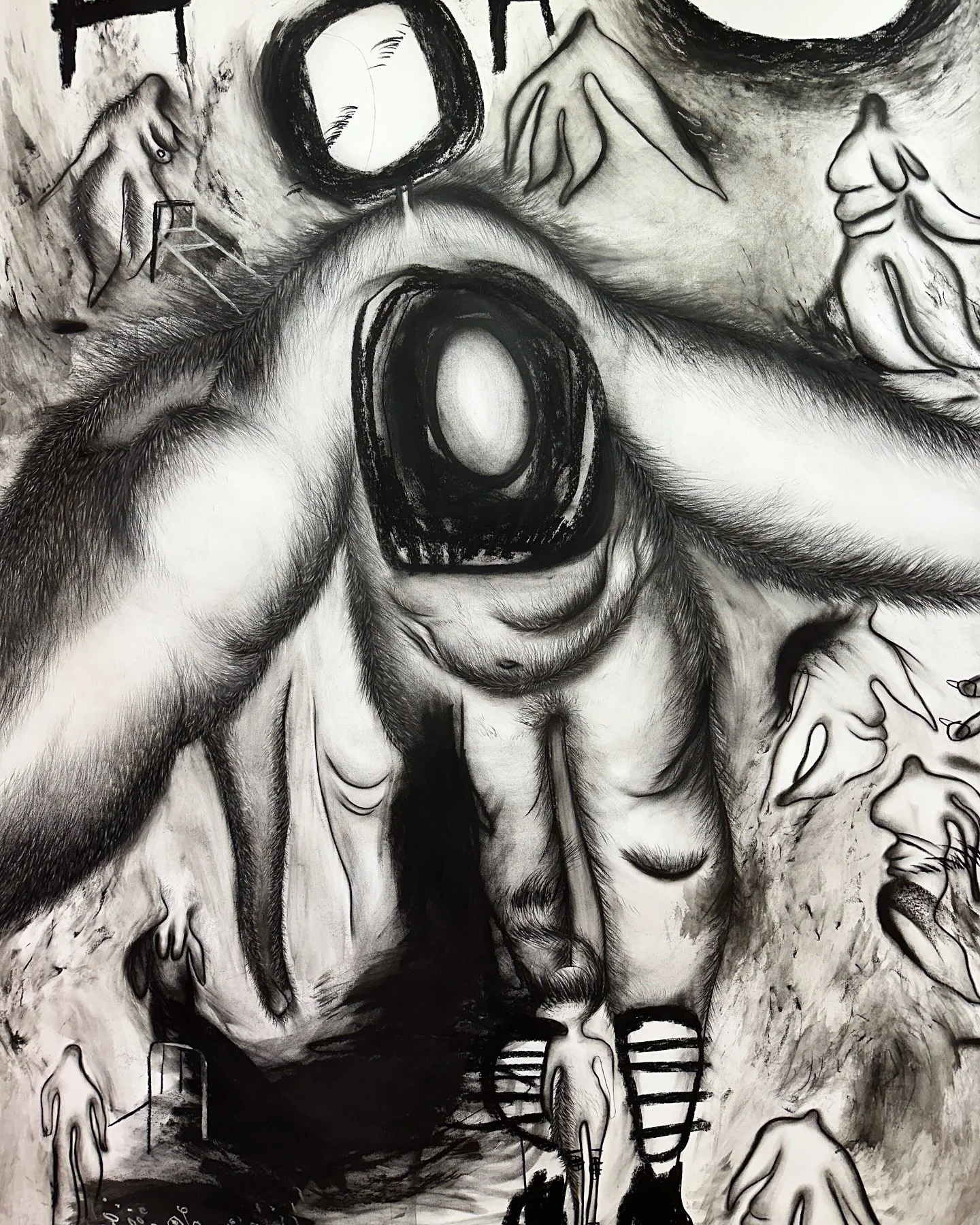 “The Uprising Women” Twenty-seven courageous women are flying away from the beds of the nightmare of violence, embarking on a journey of air and lightness towards physical and emotional freedom. 
Charcoal on Paper 
4, 50 x 2, 00 m 
2025