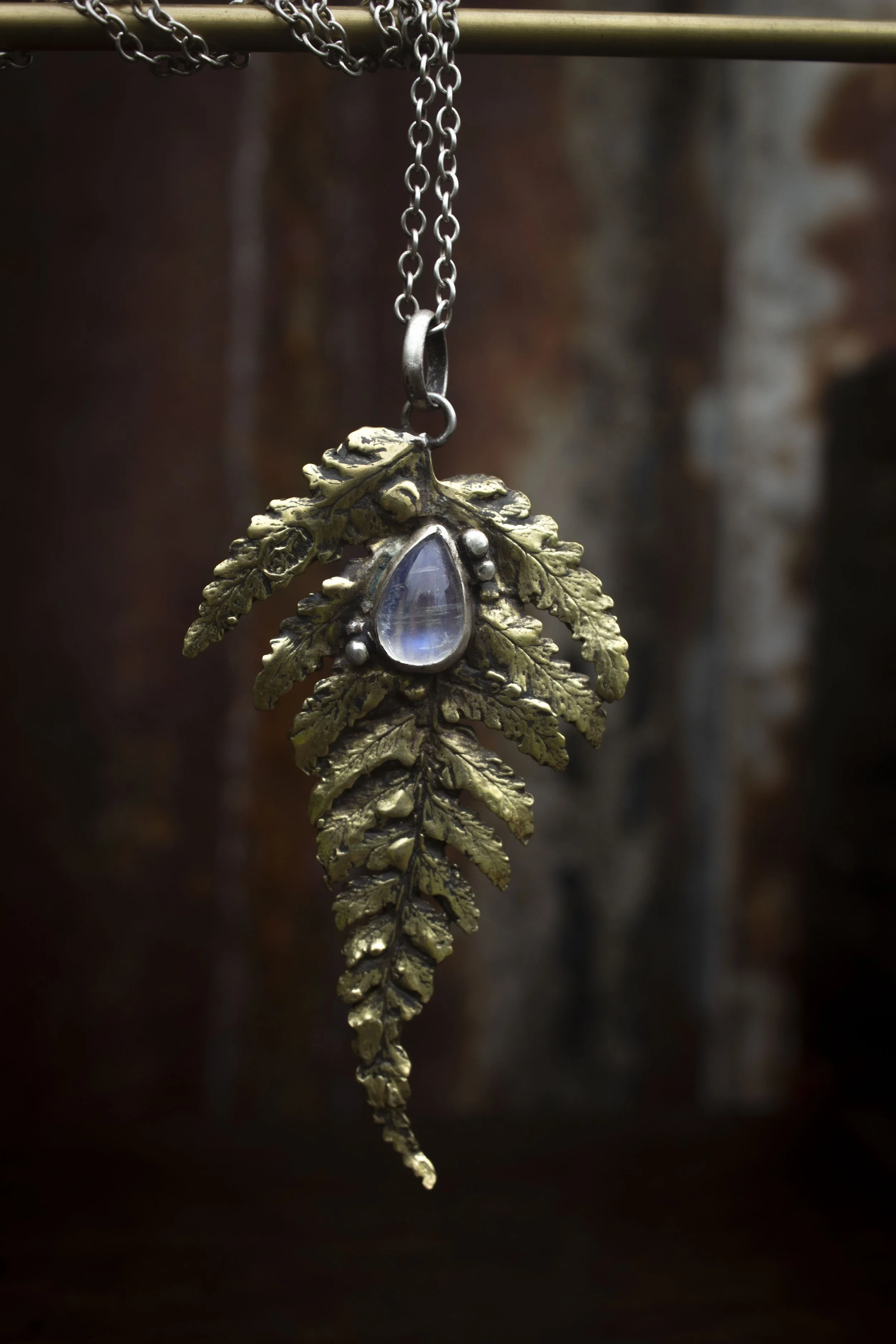 Brass Fern with Moonstone Necklace