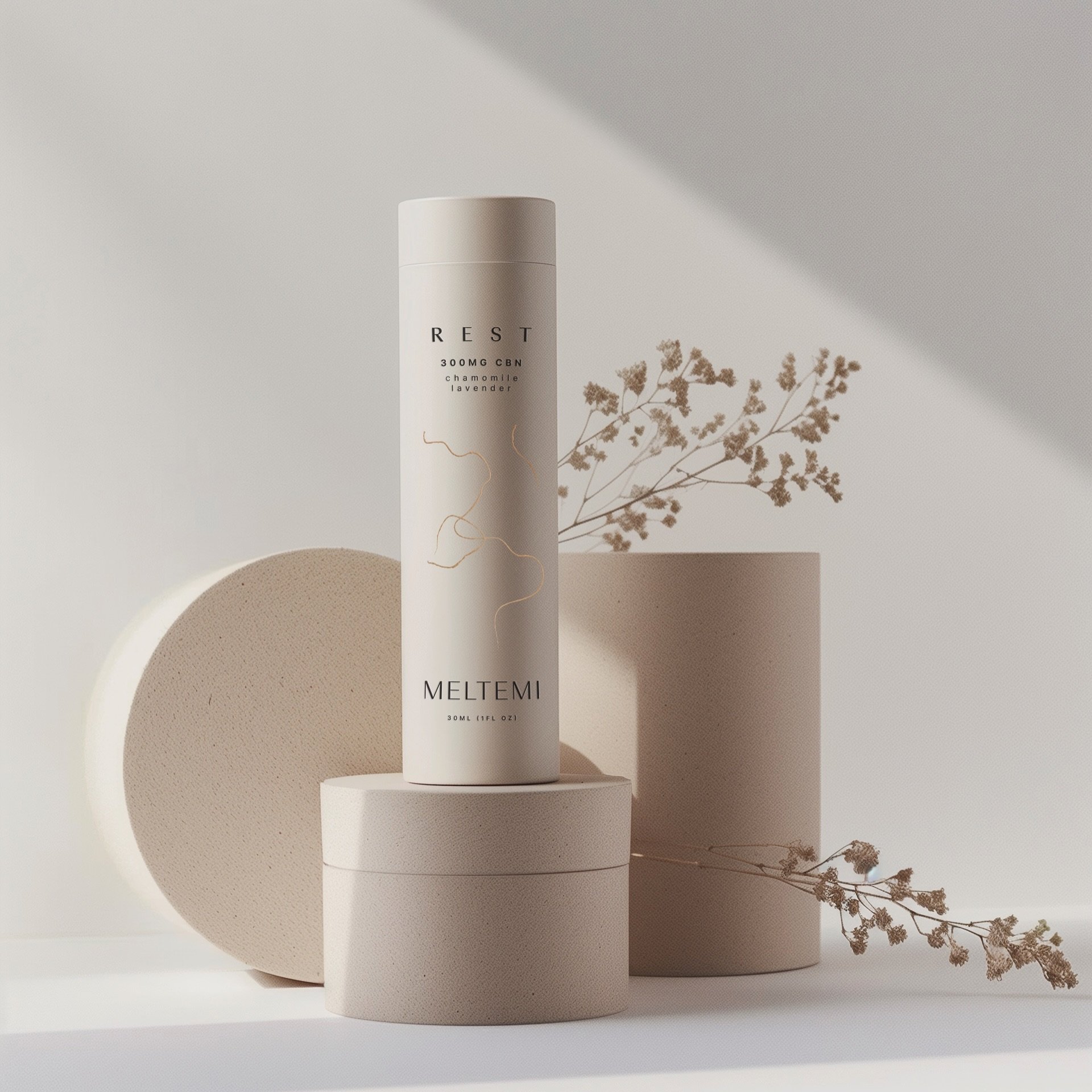 Packaging for Meltemi&rsquo;s CBD supplement range. Stone inspired colours and a matte blonde gold foil for an elevated sheen without the extra sparkle. 

The paper tube encompasses the bottle in a sleek design and makes for easy on-the-go carrying. 