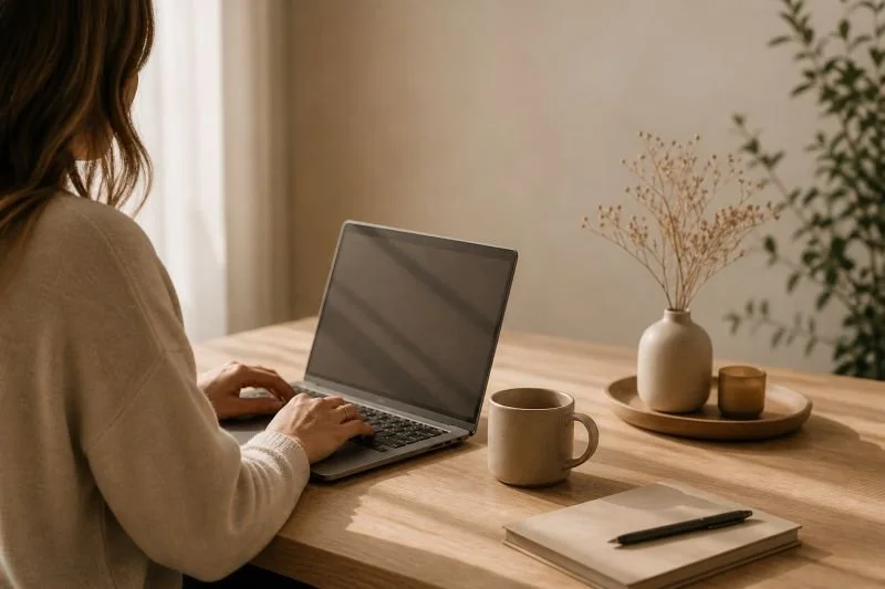 Eine Frau sitzt vor dem Laptop und arbeitet, neben sich eine Tasse und ein Block mit Stift