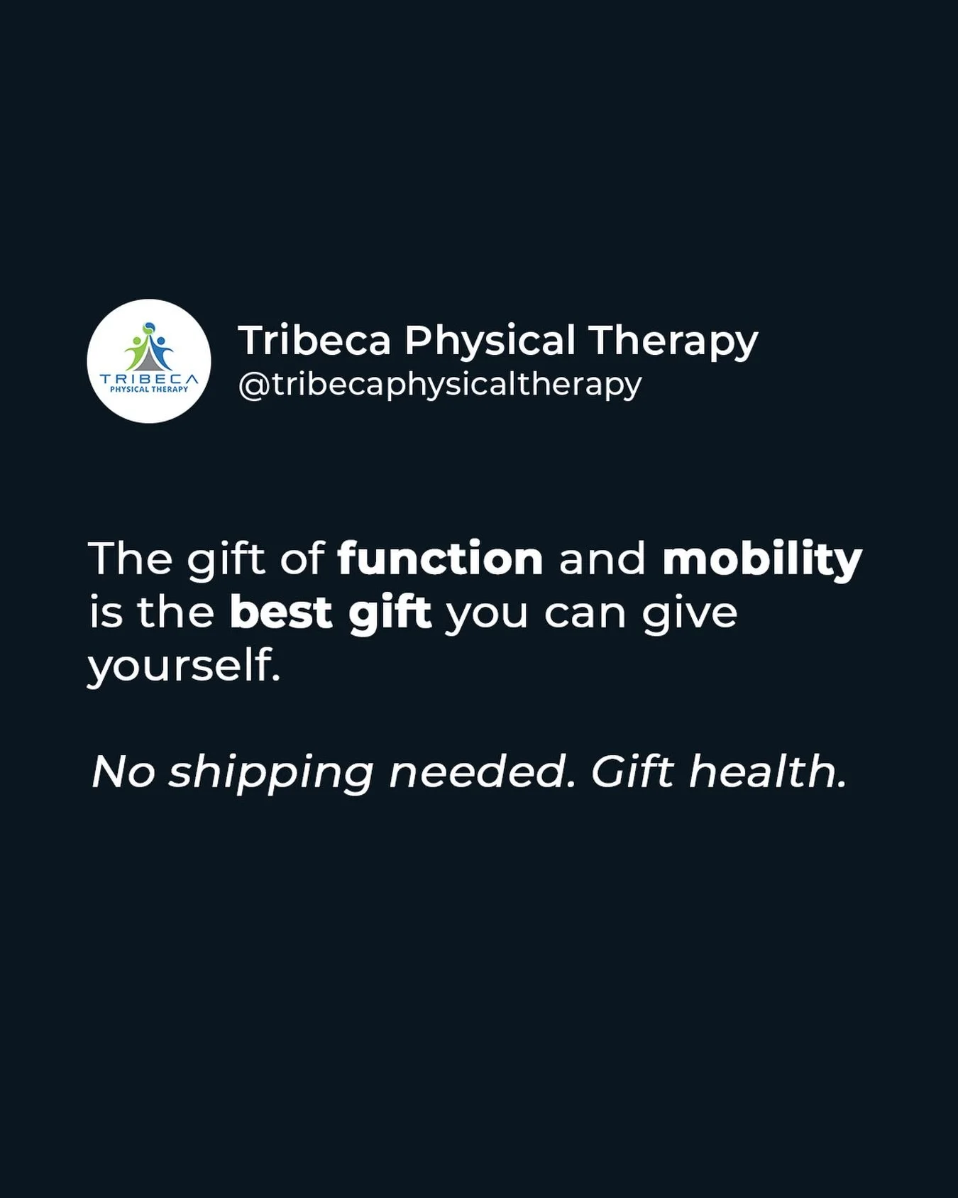This season, invest in what truly lasts. 🎄💯

Stronger movement, better balance, and a body that supports you through every celebration and into the new year. 💪🎁

#TribecaPhysicalTherapy #HolidayWellness #GiftOfHealth #MovementIsMedicine #Function
