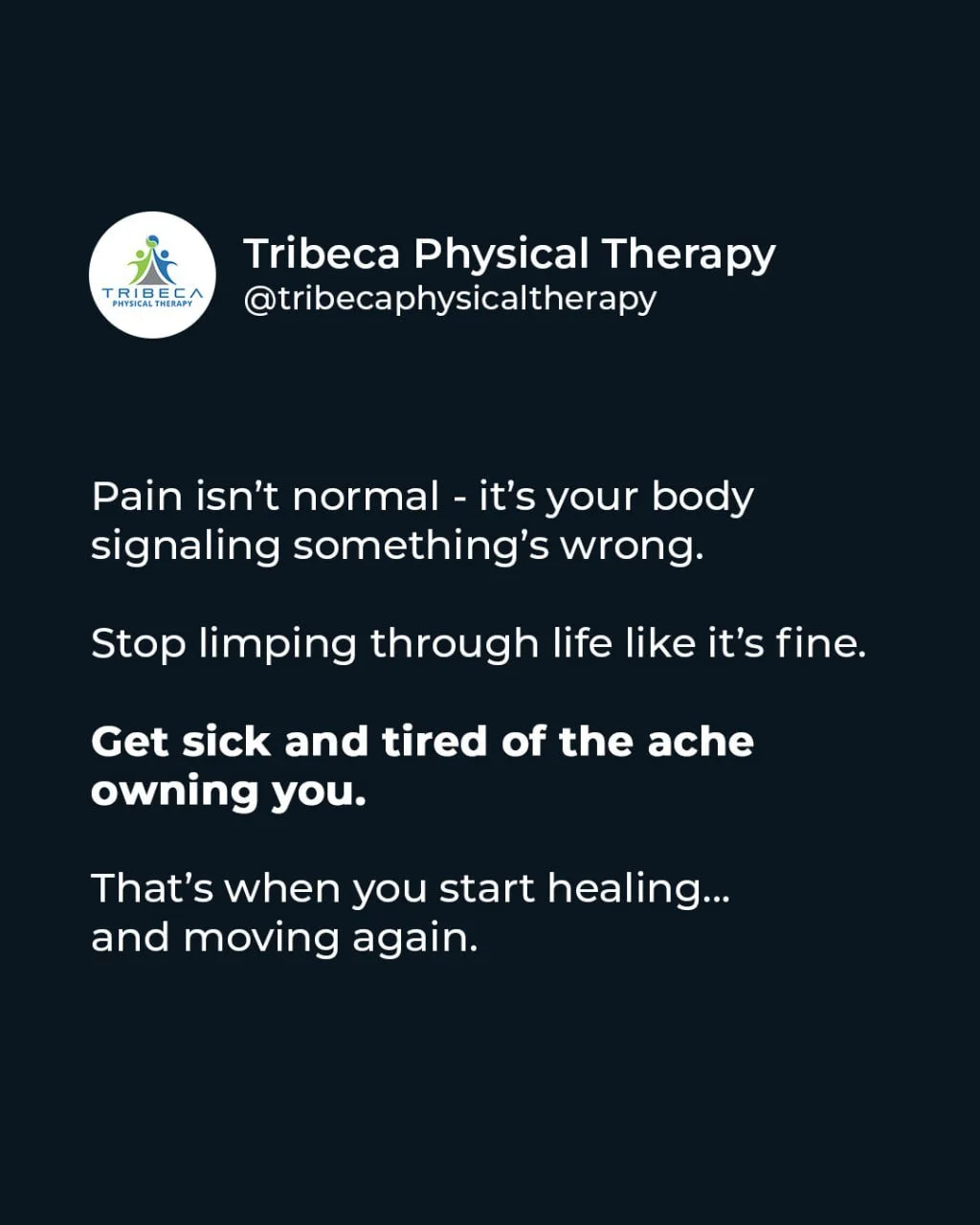 Sometimes the breaking point is the turning point. 👍

Real change begins when staying the same feels harder than moving forward.
You deserve better than stuck. 💯

Take the first step now&mdash;schedule a session at Tribeca Physical Therapy. 💪

#Mo