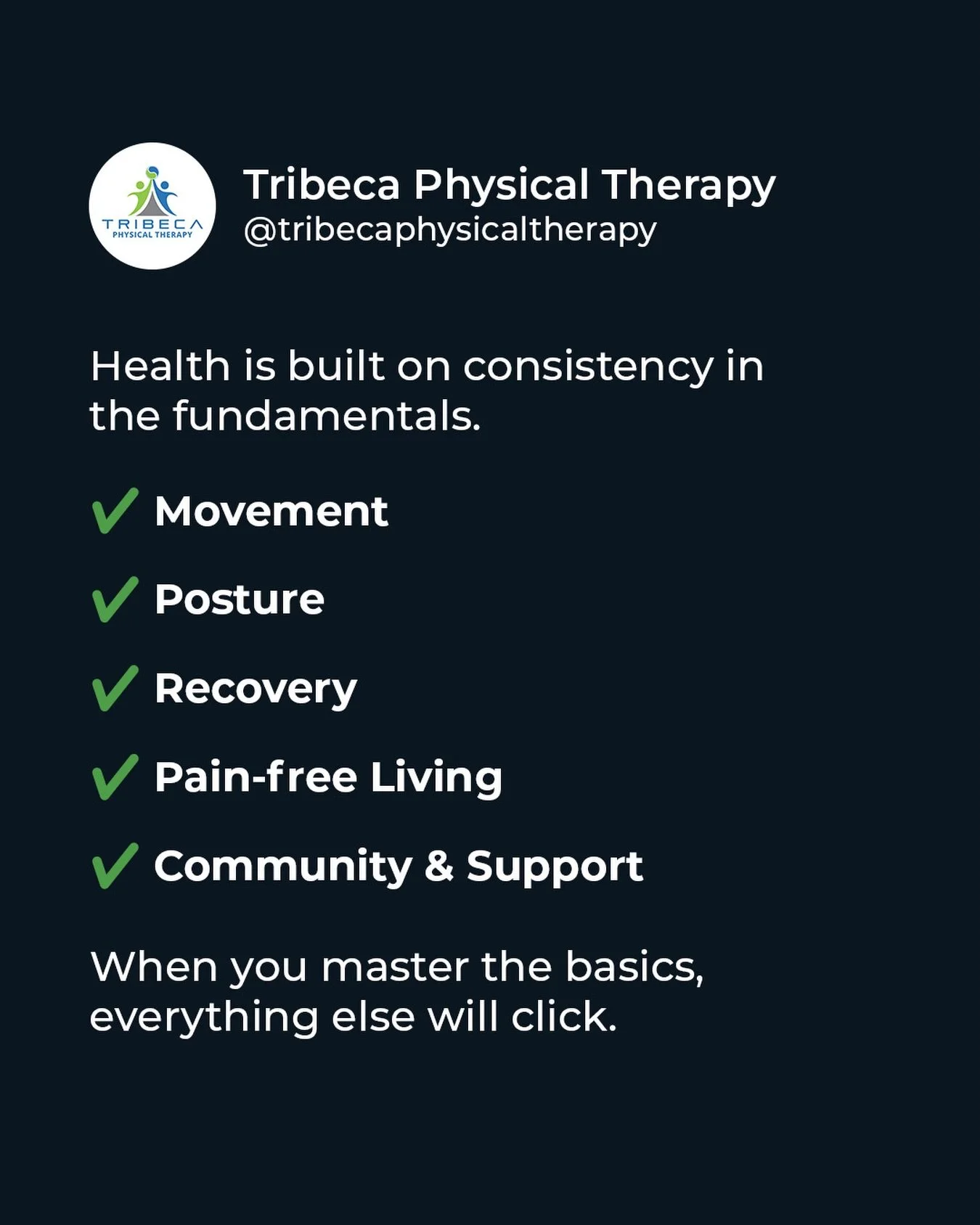 Consistency creates results. Show up, stay committed, and your body will thank you. 💪

#TribecaPhysicalTherapy #MoveBetter #StayActive #RehabJourney #PhysicalTherapyWorks