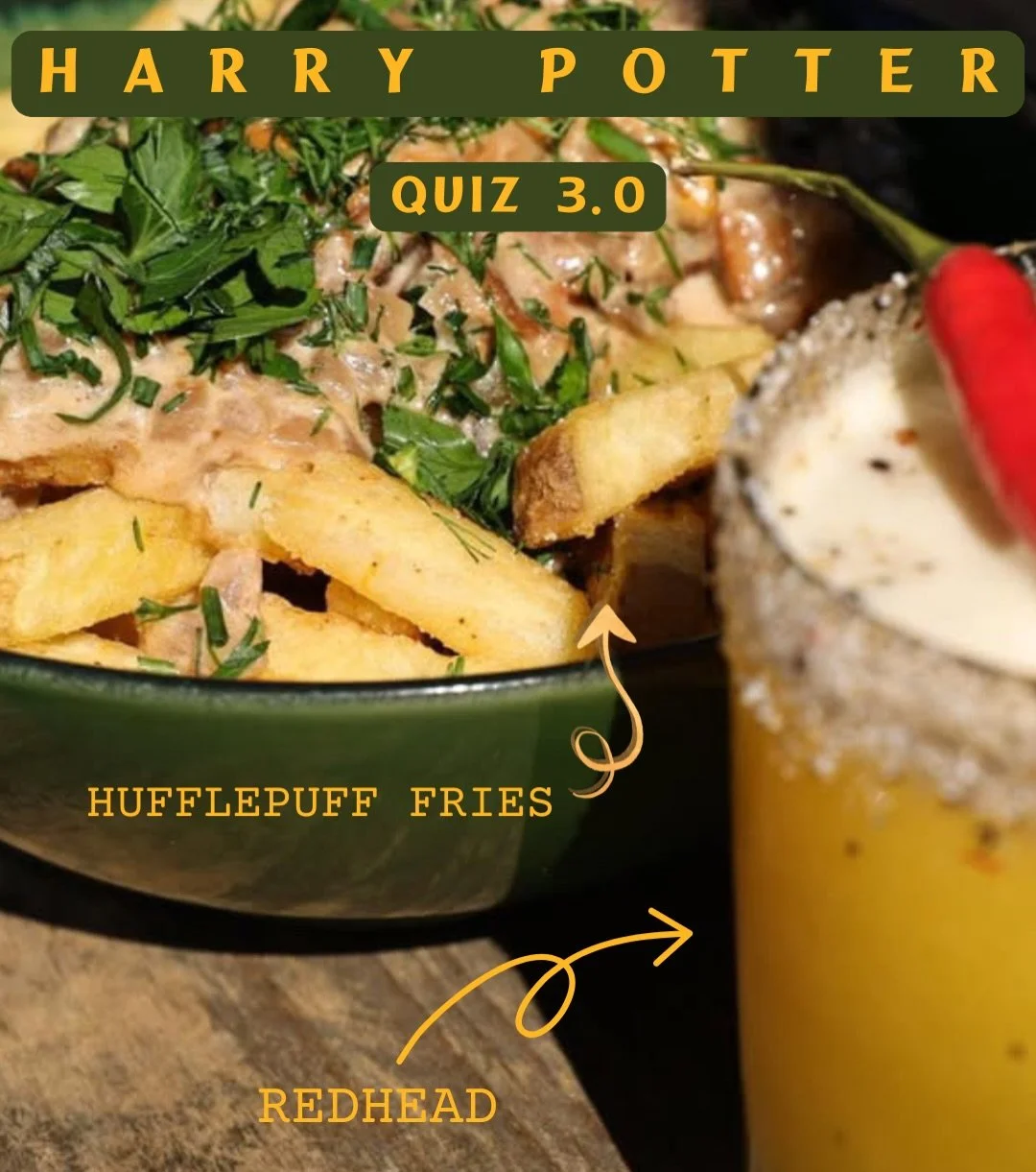 Harry Potter Quiz ROUND 3 ~ Specials!! 🪄 Wie versprochen gibt es zu jedem SPECIAL QUIZ auch ein SPECIAL DRINK + FOOD! 💛

Immer nur an dem jeweiligen Tag von 16:00-22:30 Uhr!
-> | Montag 07.09 | -> HARRY POTTER QUIZ!✨

HUFFLEPUFF 🪄 

Fries
Pf