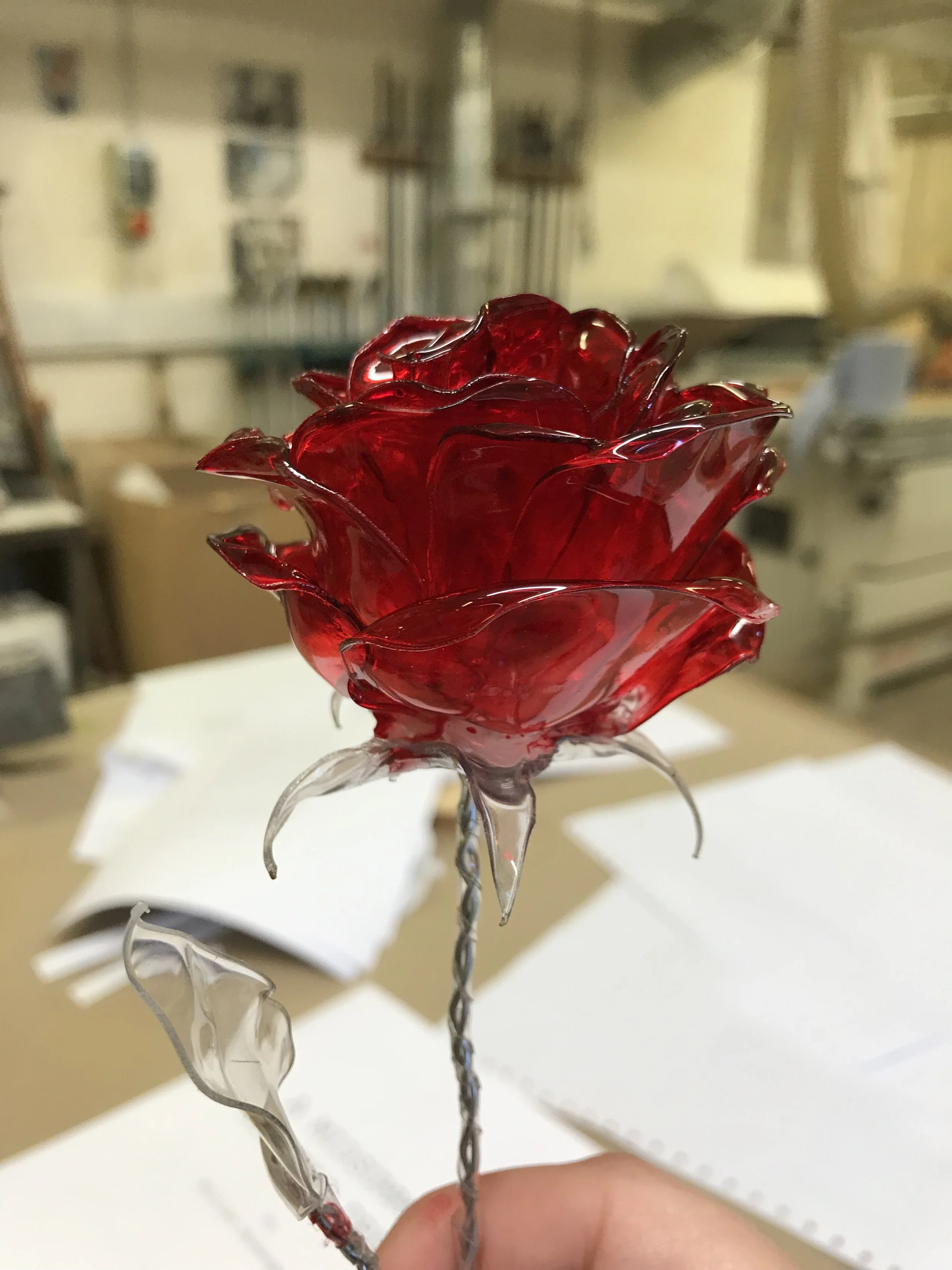 Rose Prop made of plastic Bottles dipped in French Varnish, RADA 2020