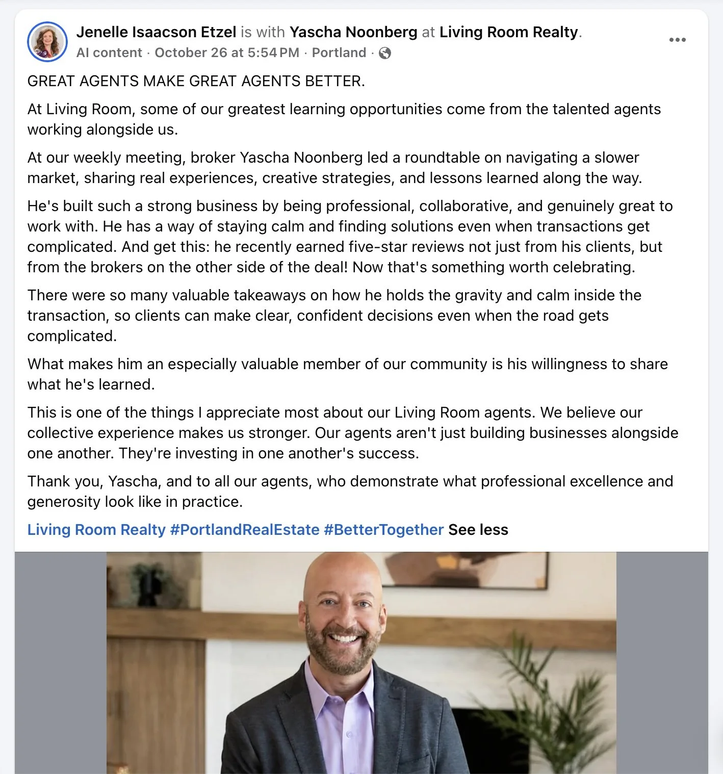 Portland Broker Yascha Noonberg Recognized by Living Room Realty for Leadership in a Slower Market