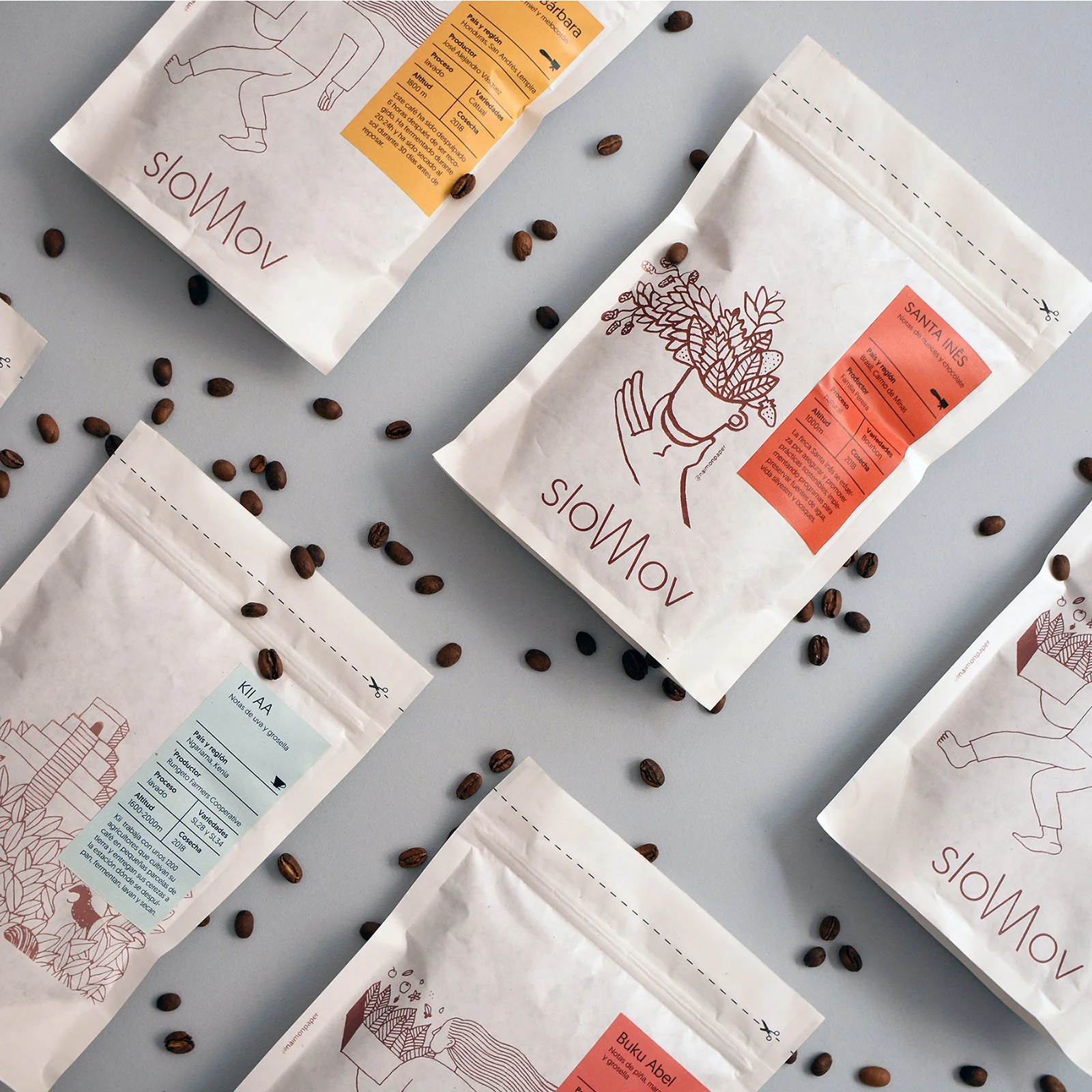 Award-winning biodegradable packaging screen printed in coffee ink with original drawings by Na'im