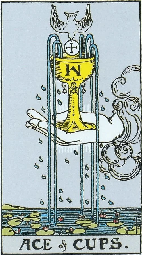 The Ace of Cups in tarot reprsents emotion, feeling, romance and an opportunity