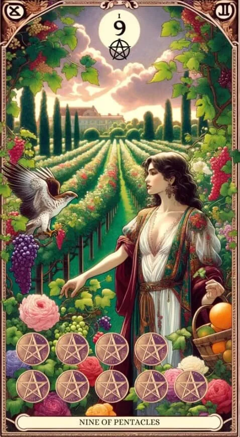 The nine of Pentacles represents security, richness, abundance and achivement