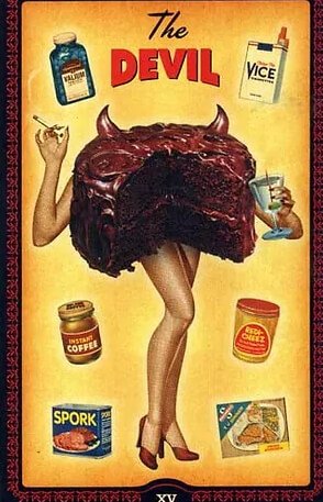 The Devil in the Housewives Tarot represents addiction, obsession, hedonism and the shadow self
