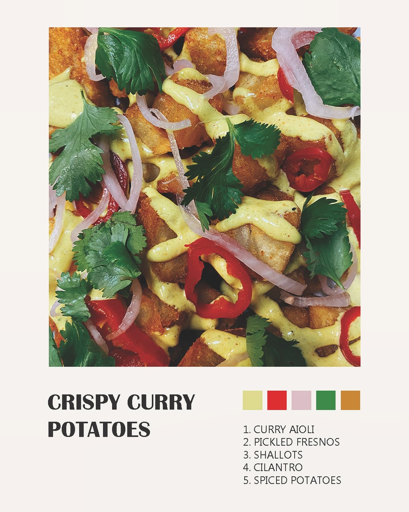 Our crispy curry potatoes are the bright pop of summer we&rsquo;ve been waiting all winter for! 

Rich spices, bright pops of pickled heat, and a stellar crunch make this dish as colorful on the palette as it is for the eyes. Enjoy this on the patio 
