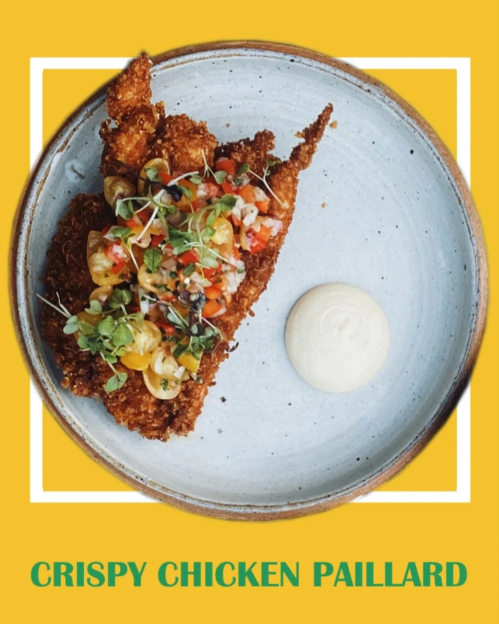 Our day-one classic got a little summer overhaul this year! Same crunchy, juicy paillard now topped with peak season tomatoes in a salsa criolla and a side of garlic confit aioli&hellip;there&rsquo;s no going wrong when this is on the table!  Best pa