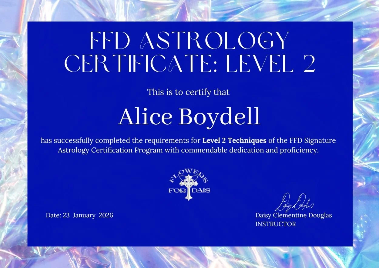 A certificate titled 'FFD Astrology Certificate: Level 2' awarded to Alice Boydell, signed by Daisy Clementine Douglas, dated 23 January 2026, on a shiny, iridescent background.