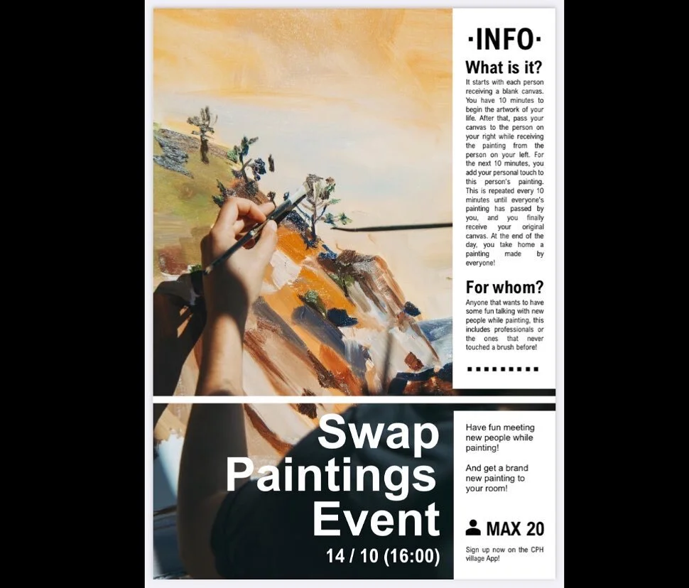 Calling all creative villagers at N&oslash;rrebro 🎨 This Saturday, villager Martim is hosting a Swap Painting Afternoon for all neighbors in Village N&oslash;rrebro. 
If you are a new or old-timer villager, Pablo Picasso's grandchild or a newbie in 