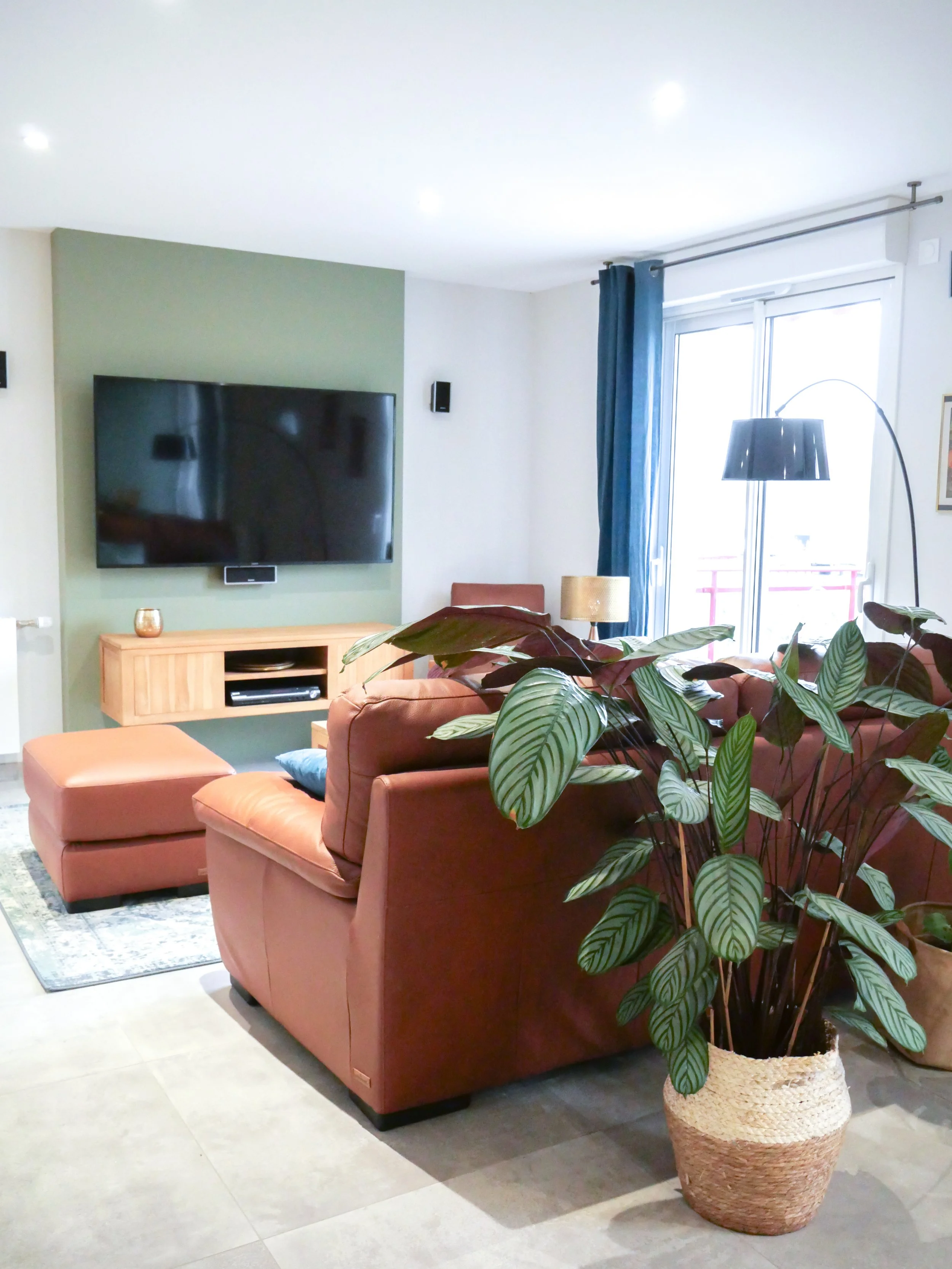 salon canapé marron, mur tv vert