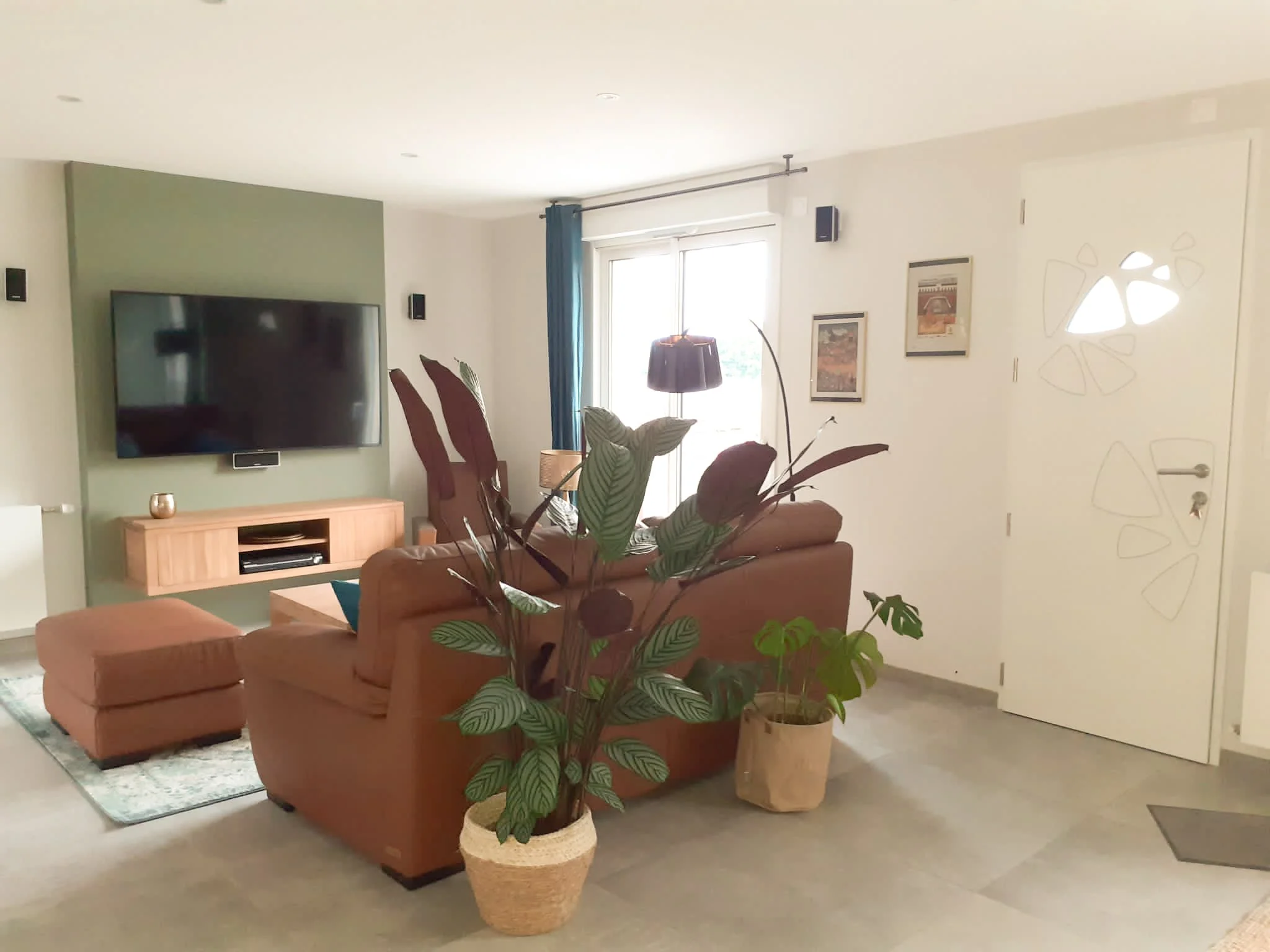 salon canapé marron, mur tv vert