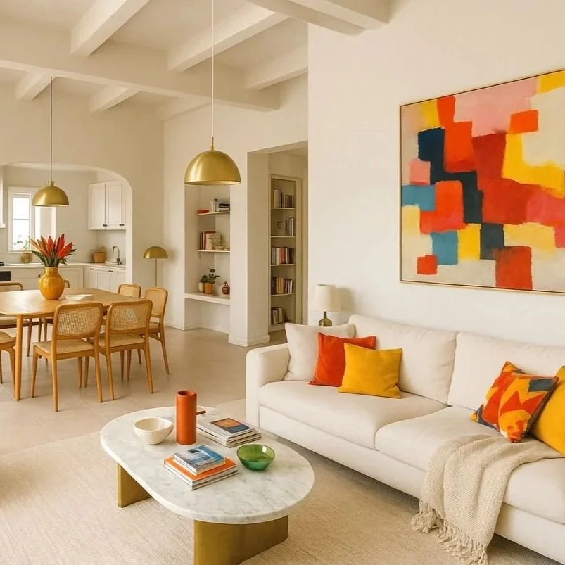 Salon avec des touches colorées, orange et jaune