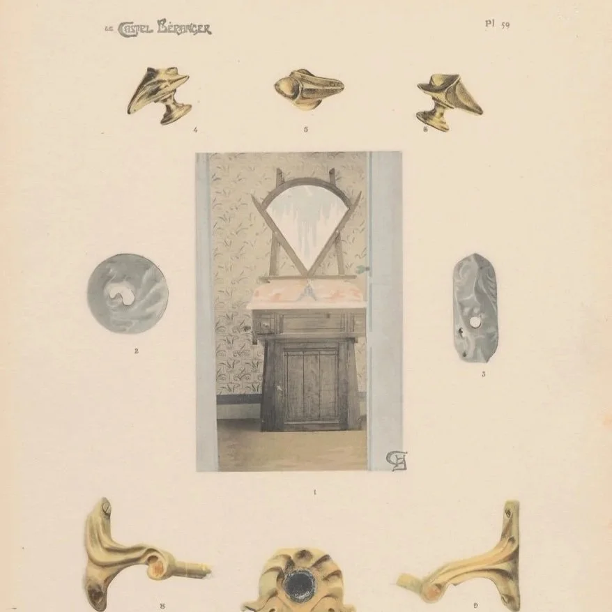 Planche dessin de Hector Guimard, avec des poignées de portes