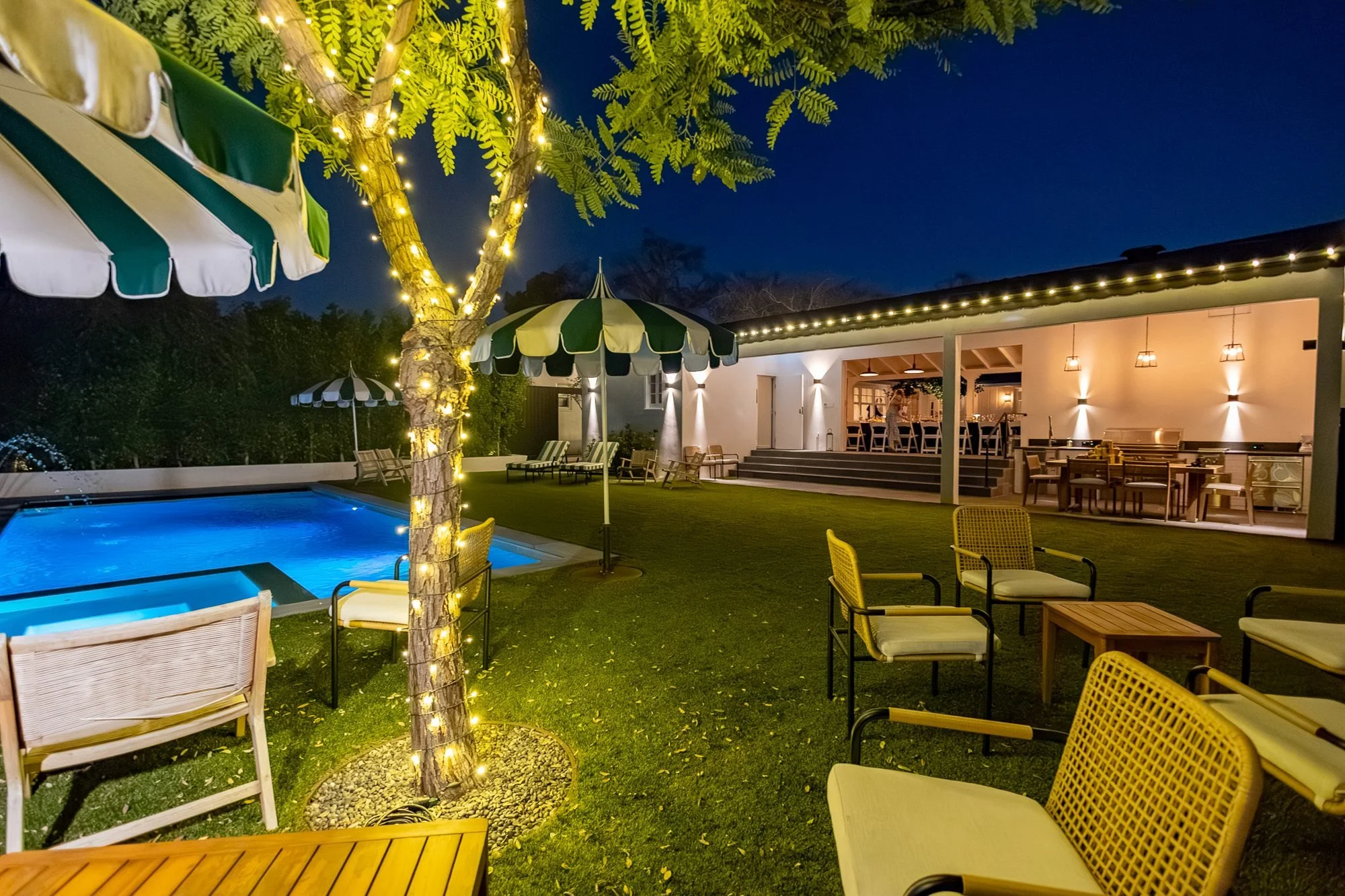 Backyard pool at night beside a tree wrapped in string lights