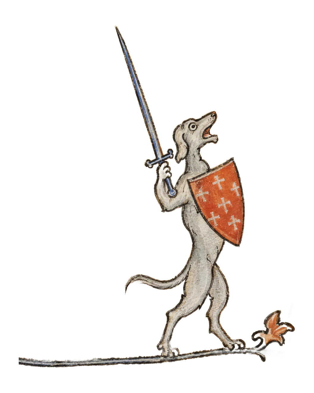 A dog knight with sword and shield, illuminated-manuscript style