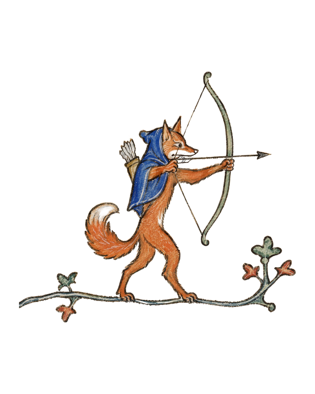 A fox archer in a blue hood drawing a bow, illuminated-manuscript style