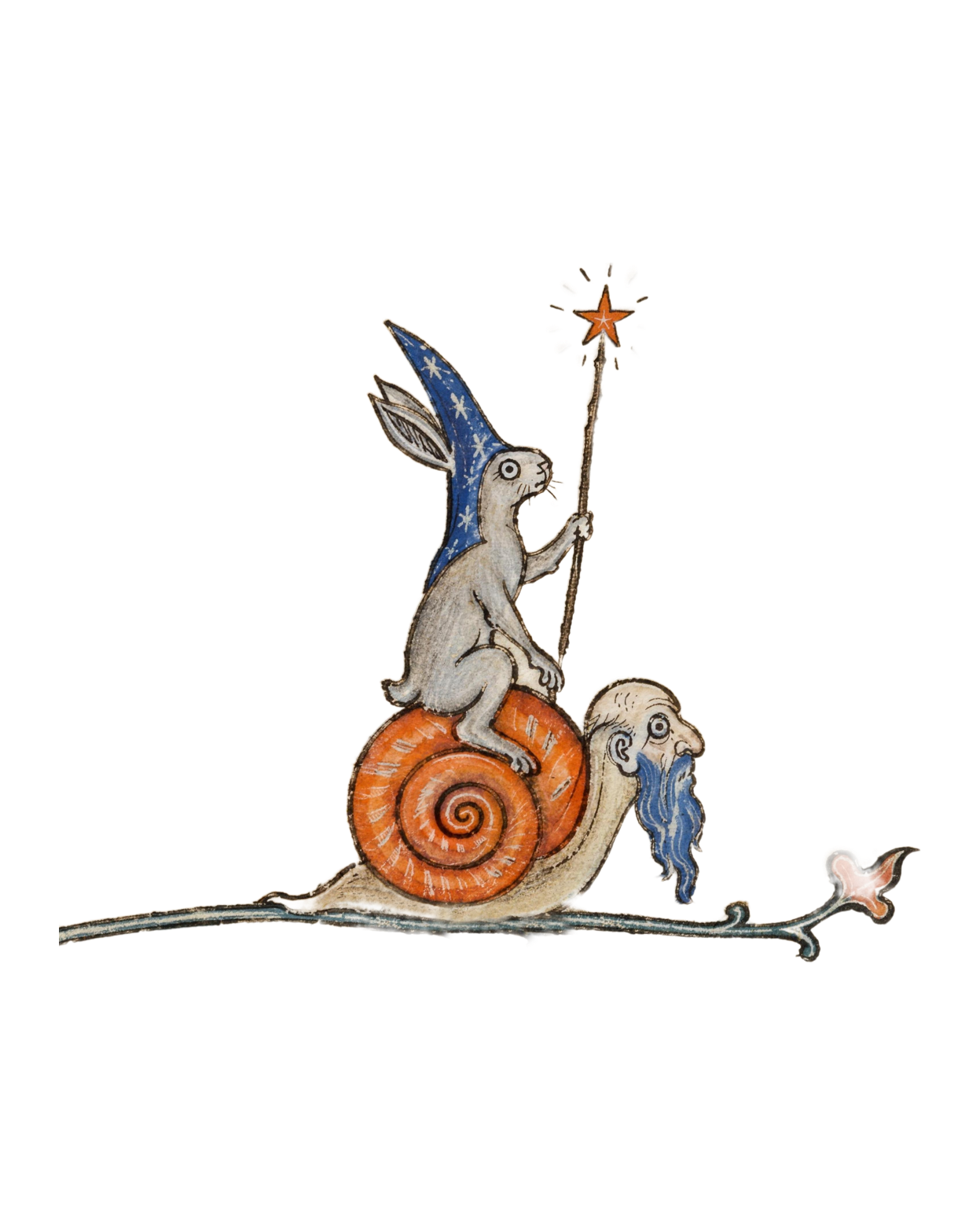 A rabbit mage riding a snail, illuminated-manuscript style