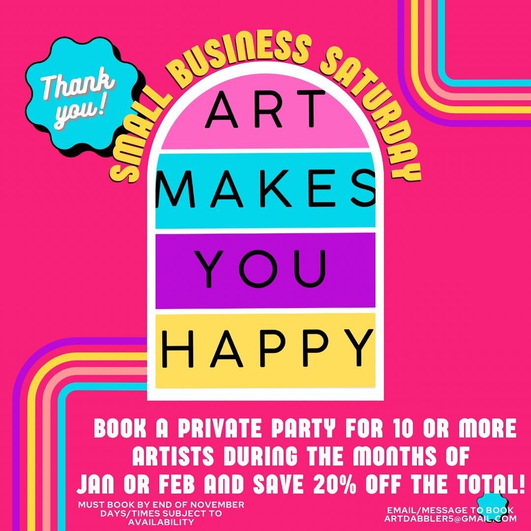 Thank you for your support! Book a party at the studio during Jan or Feb (by Dec 1) and save 20% off the total! Let&rsquo;s party! 
*tune in tomorrow for December kids&rsquo; class postings!